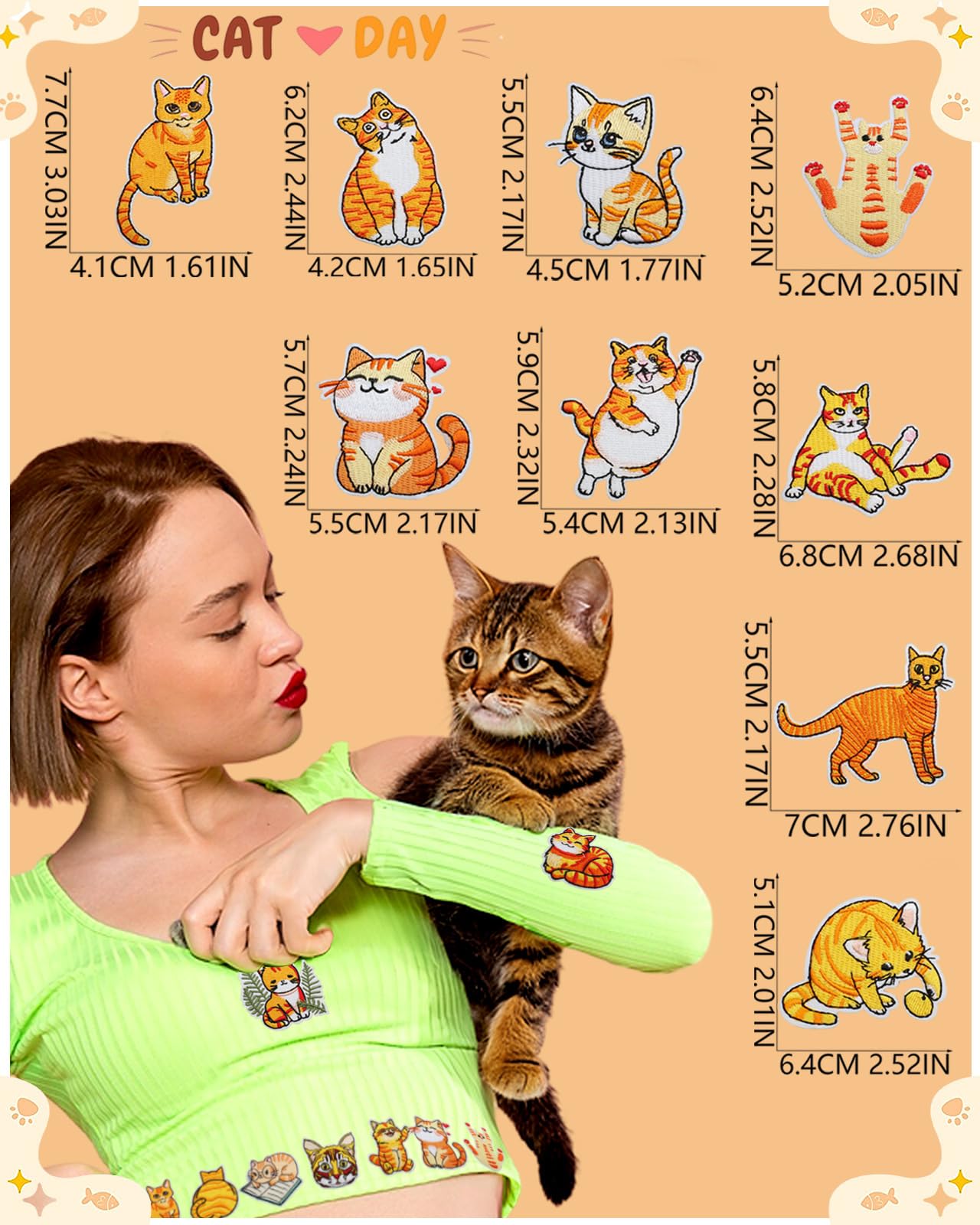 16pcs Cute Cat Patches Kitten Embroidered Iron on Patches for Clothes, Orange Animal Fabric Repair Patches for Jean Hat Jacket Backpack Shoe Backpack Decorative Applique