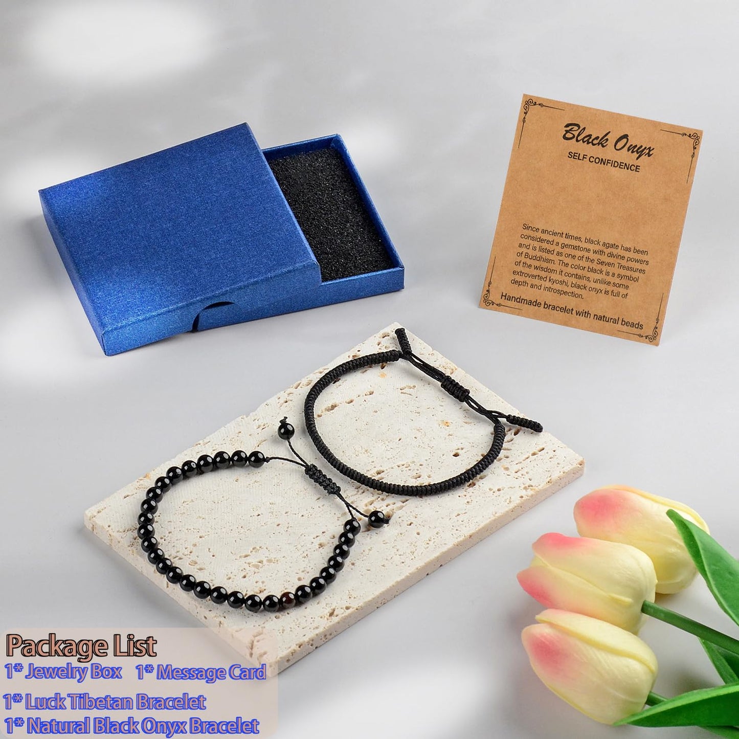 LPBeads 6mm Black Onyx Bracelet with Handmade Rope Bracelet Size Adjustable Natural Stone Crystal Healing Bracelets Gifts for Unisex Adults