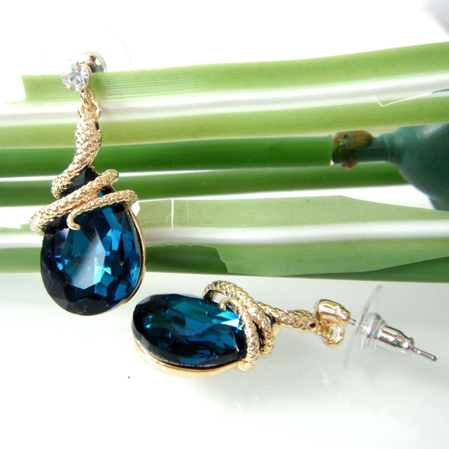 Navachi 18k Gold Plated Crystal Blue Zircon Snake Drop Dangle Earrings