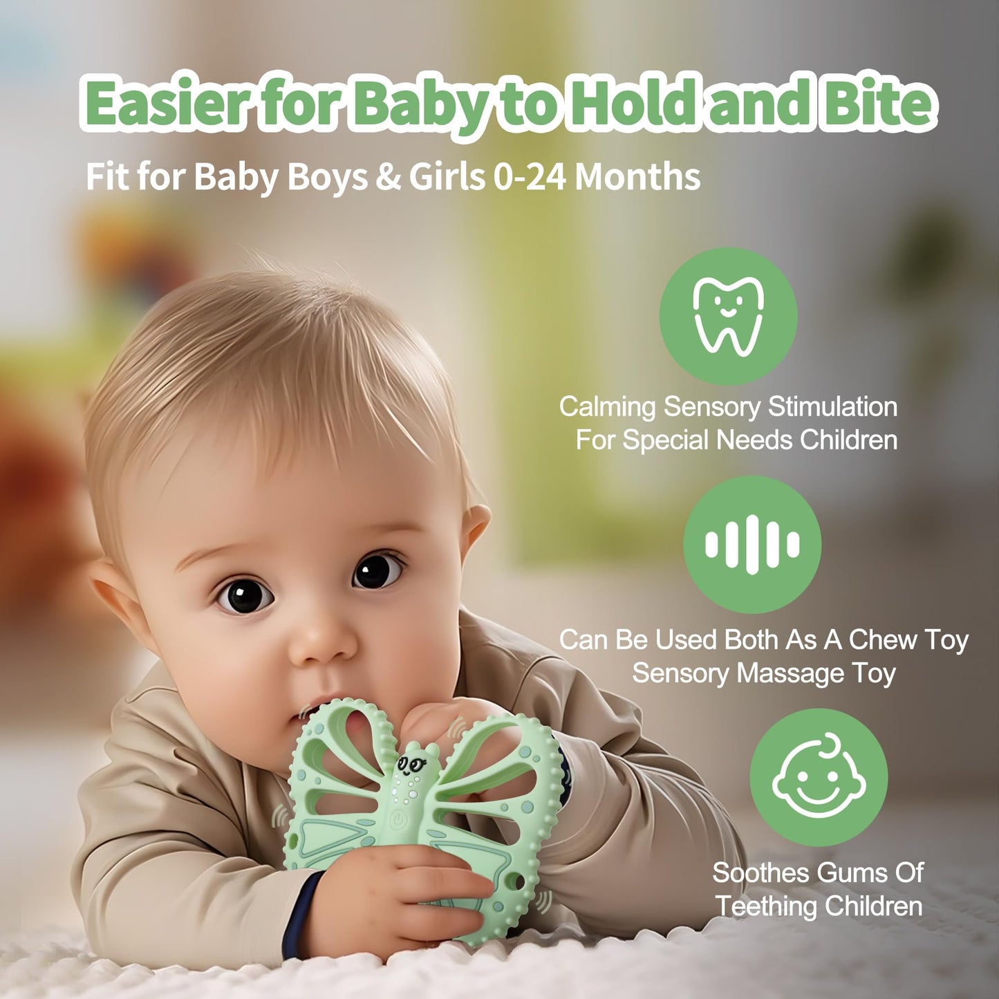 ETETOO Vibrating Sensory Chew Toy for Autistic Children - USB fast charging, 10-speed vibration baby teether, Rechargeable Teether for Babies 18 Months, Autism Sensory Toys & Calming Chew Toys (Green)