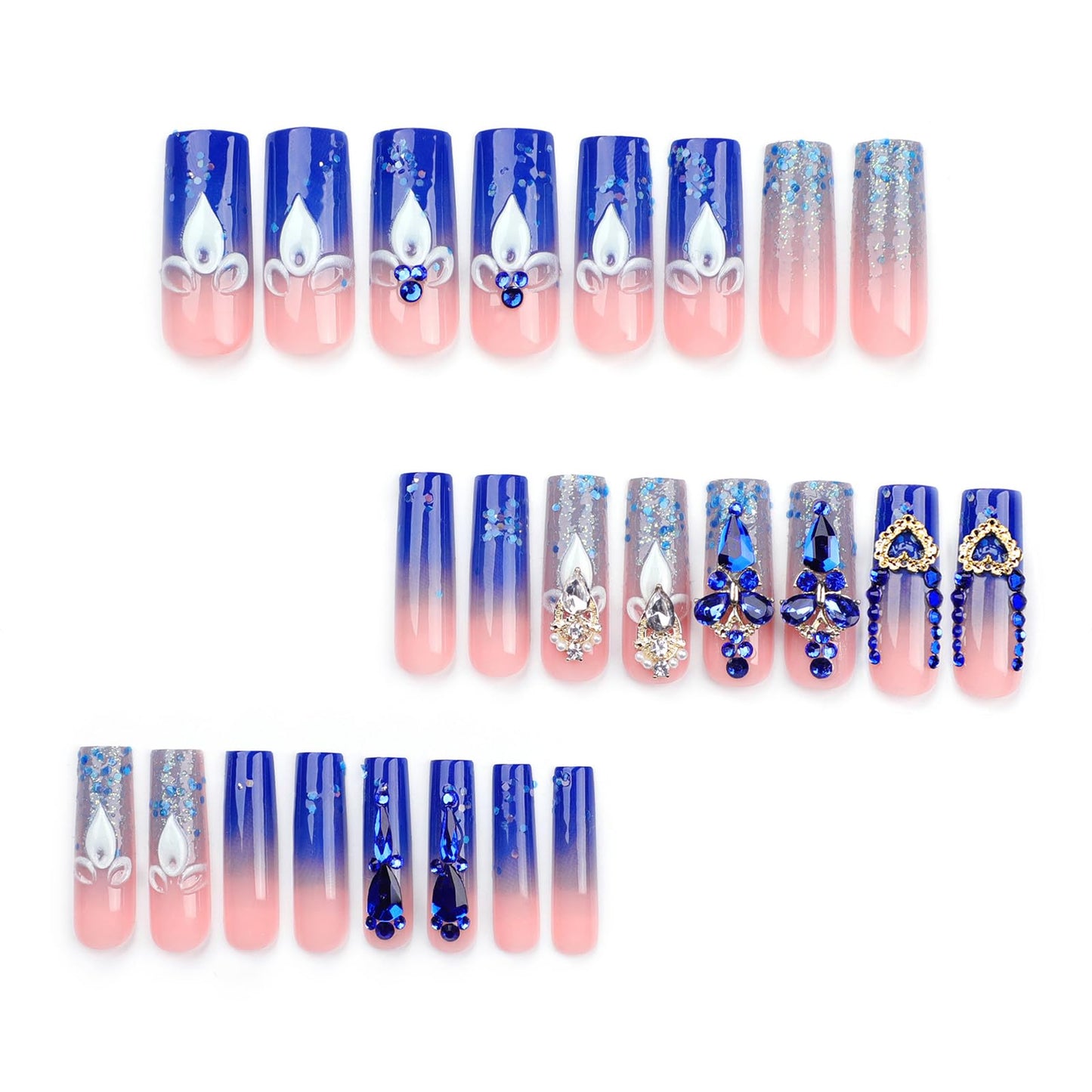 IMRAIN Press on Nails Long Square Fake Nails - Blue Gradient, Glitter Powder, Luxurious Butterfly Rhinestone Designs Full Cover Artificial Acrylic Reusable False Nails for Women 24Pcs