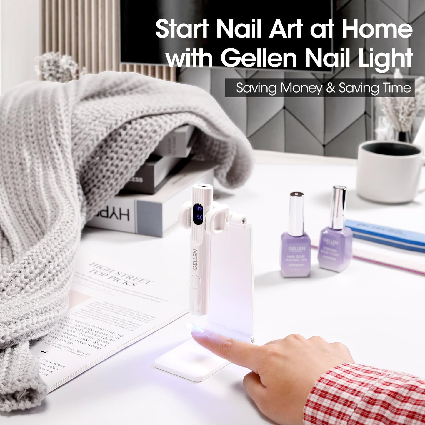 Gellen UV Light for Gel Nails with Stand, Mini Handheld UV Nail Lamp, Flash Cure Nail Lamp Cordless Rechargeable Nail Dryer with LCD Display, 3 Timers 30s/60s/99s, 180° Rotatable Holder (White)
