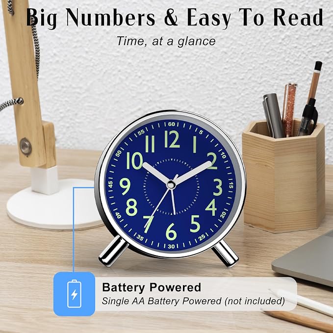Analog Alarm Clock Night Ligh Battery Operated for Bedroom