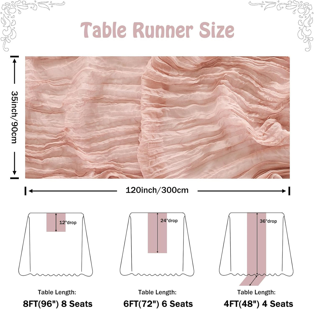 Fanami 3 Pack Cheesecloth Table Runner -10FT Dusty Pink Boho Gauze Cheese Cloth Table Runner 120 Inches Long Rustic Sheer Fabric Centerpieces for Wedding Birthday Party Bridal Baby Shower Decorations