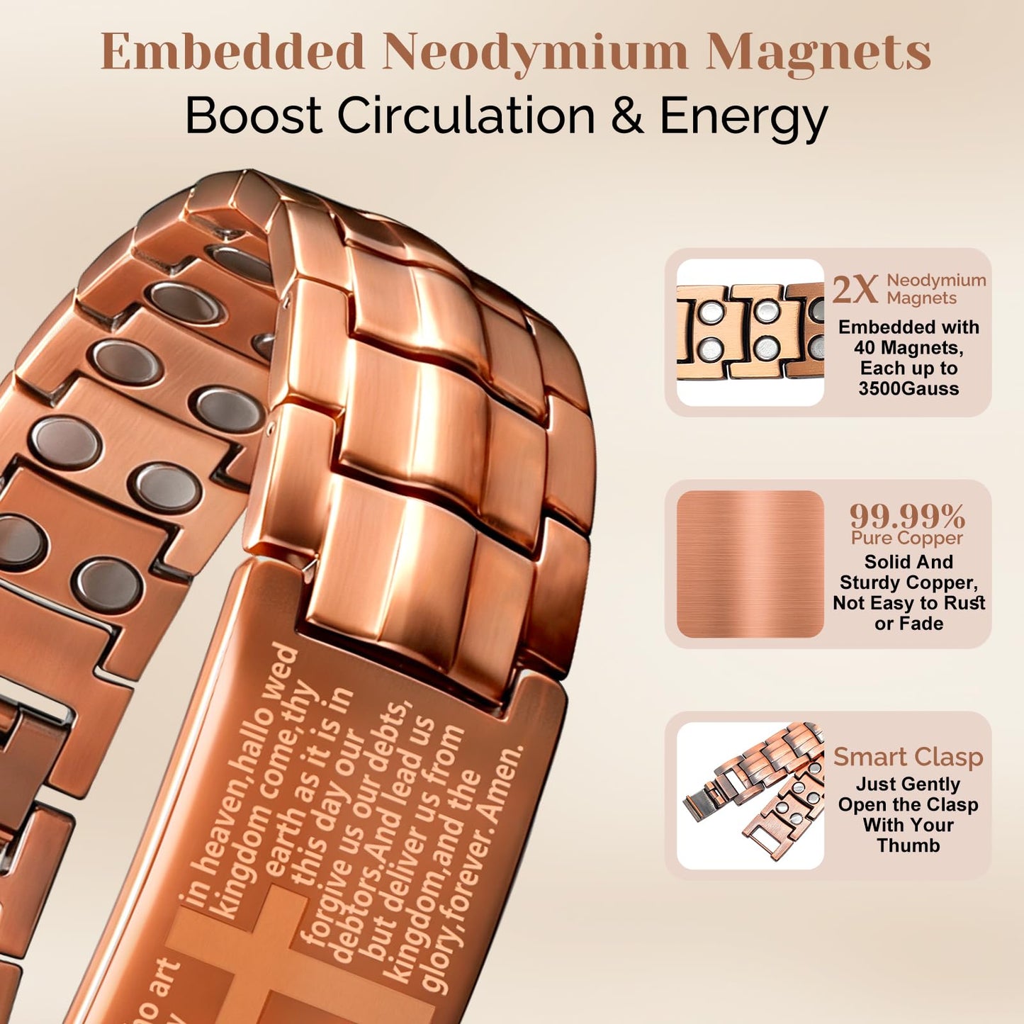 JEROOT Men's 99.99% Pure Copper Magnetic Bracelet, 3500 Gauss Magnets Adjustable with Sizing Tool