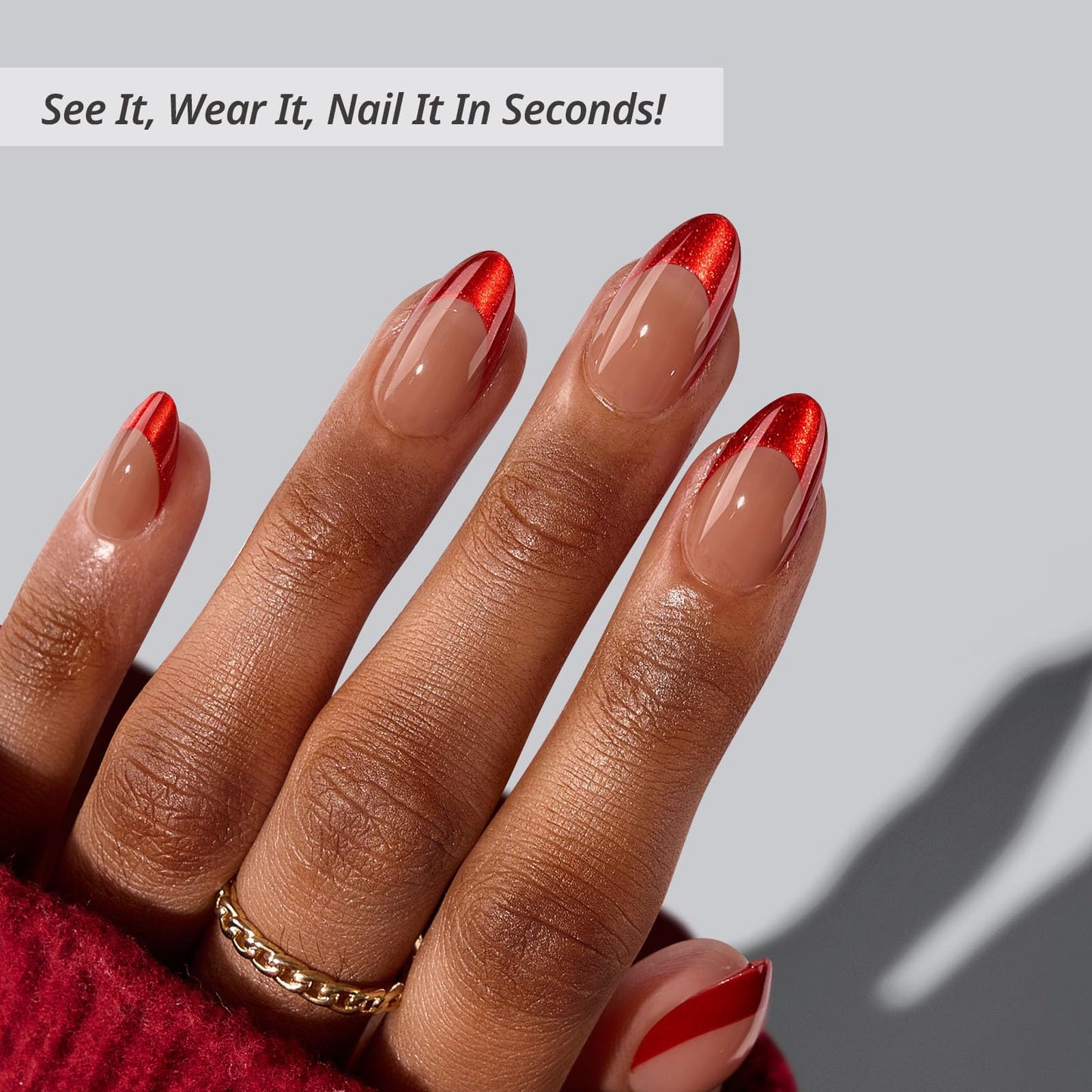 BTArtbox French Tip Press On Nails - Ruby Slipper, Lamp-Curable Red Cat Eye Short Almond Press On Nails with Glue and Adhesive Tabs for Women in 16 Sizes - 32 Soft Gel Glue On Nails Kit