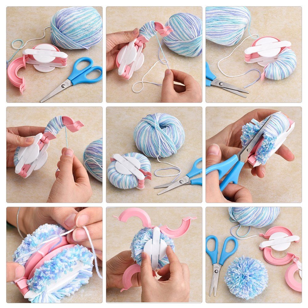 Ayasee Pom pom Maker Yarn kit, 4PS Pompom Maker+12PS Acrylic Yarn+10PS Knitting Stitch Markers+10PS Plastic Needles+1PS Scissors(37c)