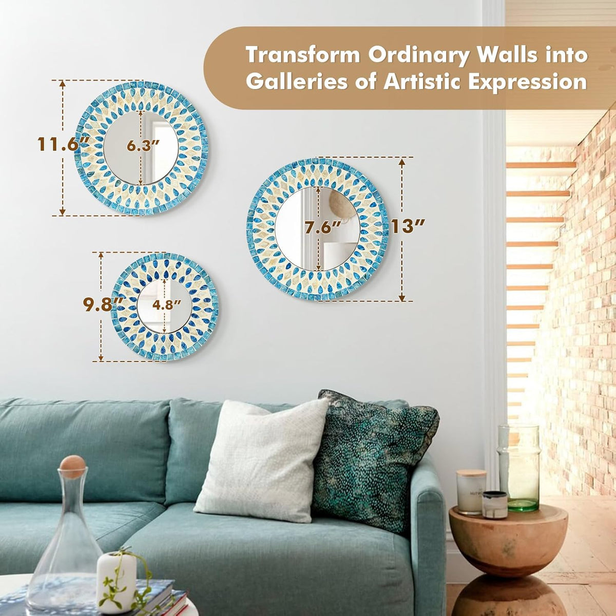 TEIPAI Handmade Mother of Pearl Mirror for Wall Decor, 3PCS Round Decorative Mirrors for Beach Nautical Home Hotel Coffee Shop, Natural Plate Art Hanging Sculpture for Dorm Apartment Entryway (Blue)