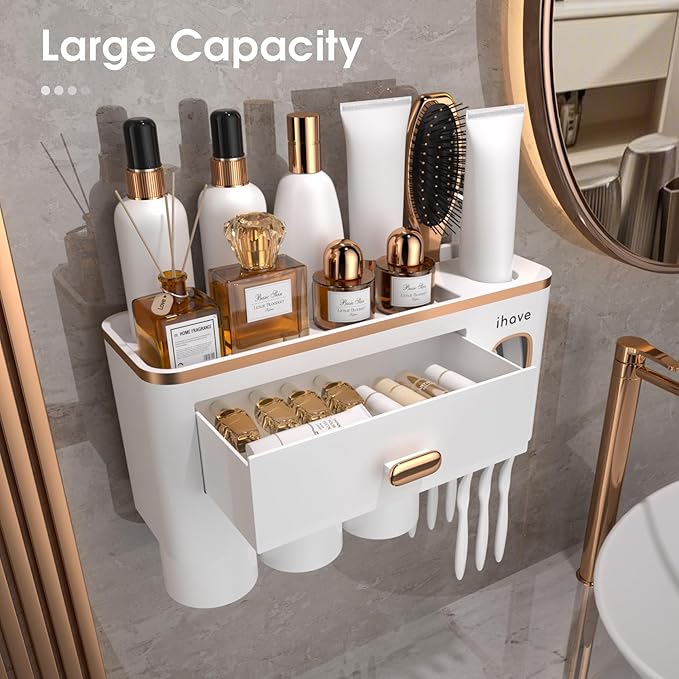 iHave Toothbrush Holders for Bathrooms - Upgrade Wall Mounted Toothbrush Holder with Toothpaste Dispenser - 3 Cups, Large Capacity Tray - Bathroom Accessories & Bathroom Storage