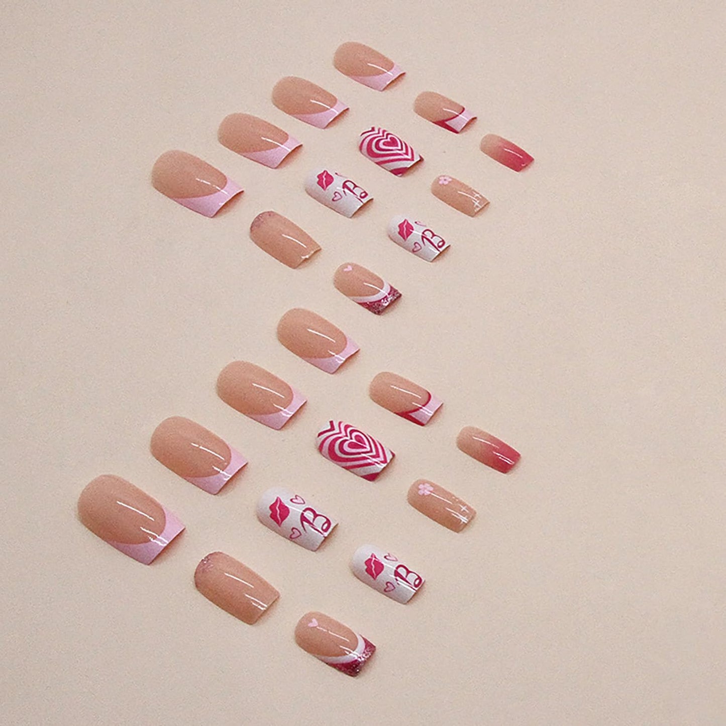 Press on Nails Medium Square Pink 24Pcs Glossy Full Cover Artificial French Fake Nails with Heart Lips Designs Reusable Coffin Acrylic False Nails Glue on Fingernails with Charm for Women
