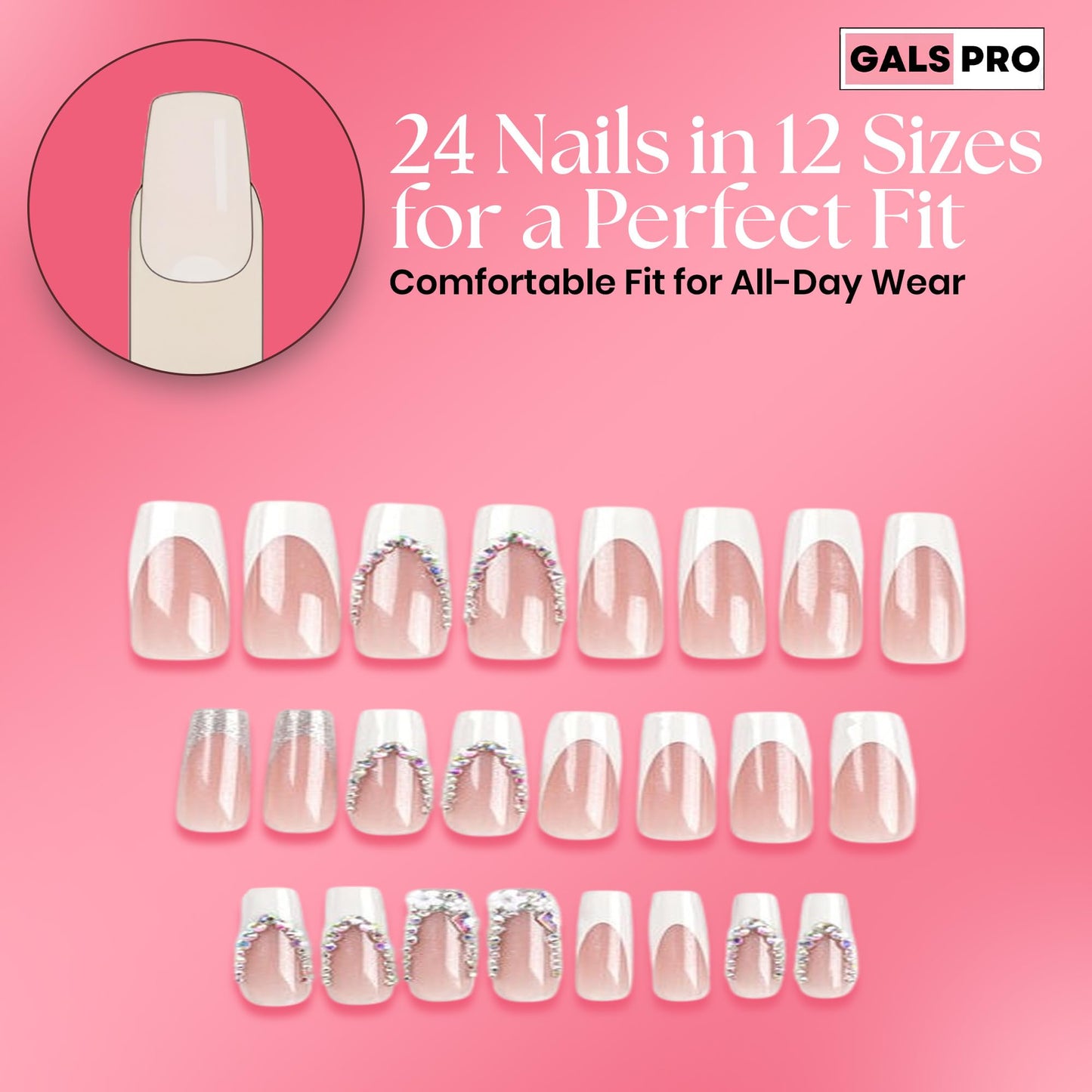 GALSPRO Long Press on Nails - Set of 24 Fake Nails with Designs in 12 Different Sizes for Perfect Fit, Cute False Nails Kit for Women with 0.07oz Nail Glue, A Double Sided Nail File & Cuticle Stick
