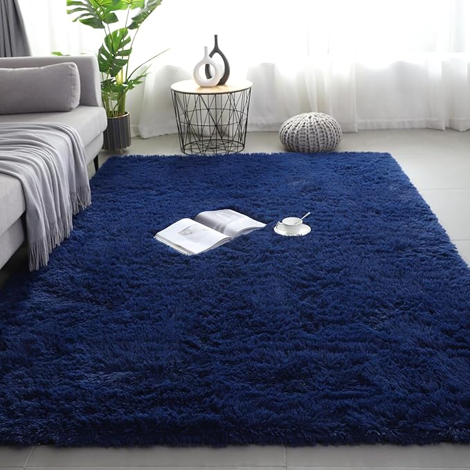 Shag Area Rugs for Bedroom Living Room,4X6 Ultra Soft Fluffy Area Rugs for Dorm, Indoor Carpet Nursery Rugs for Kids Room Home Decor, Navy Blue