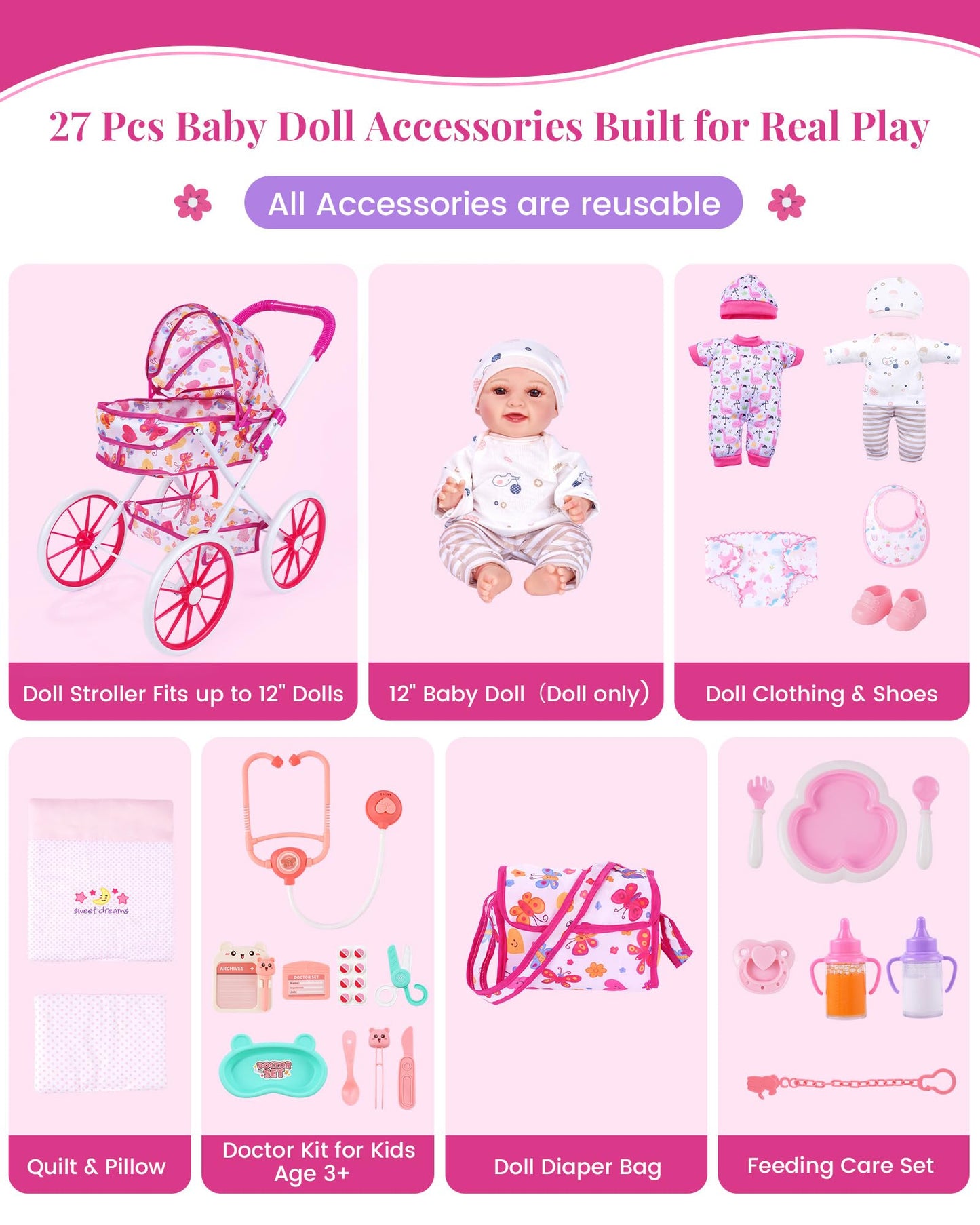 JIZHI Baby Doll Stroller with 12 Inch Dolls, 27-Piece Doll Stroller Set with Baby Doll Accessories for Pretend Play, Feeding & Bedding Playset Gift for Kids 3+