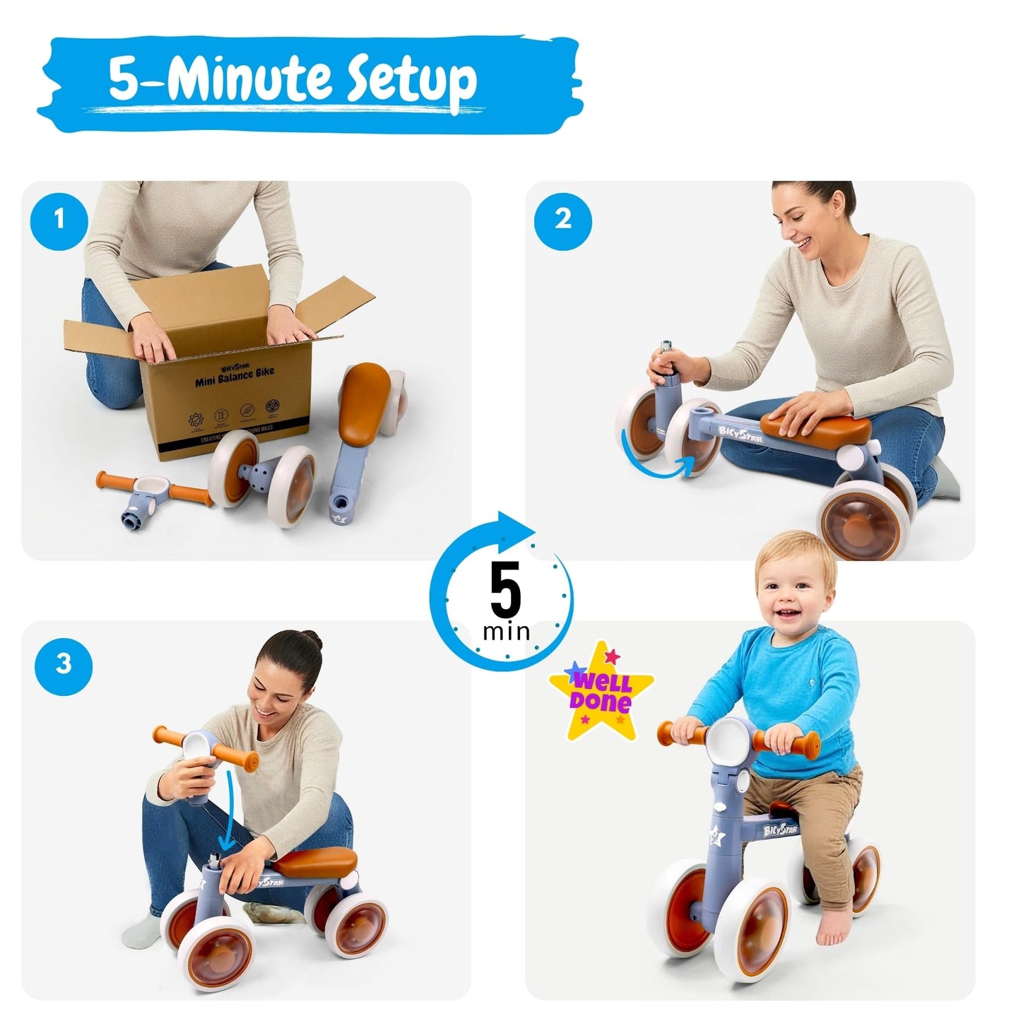 bicystar Baby Balance Bike with Adjustable Handlebars, Rear Wheel, Colorful Lighting, Best Gift for 12-36 Months, Light Blue