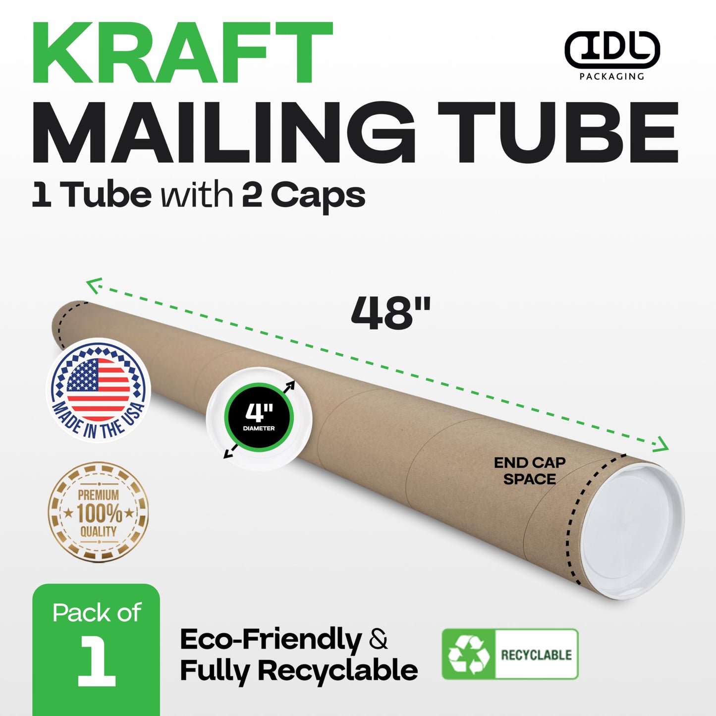 IDL Packaging Cardboard Mailing Tube, 4" x 48" with Plastic Caps - USA-Made USPS Approved Poster Tube for Documents & Blueprints - Reinforced Mailing Cylinders for Shipping & Storage