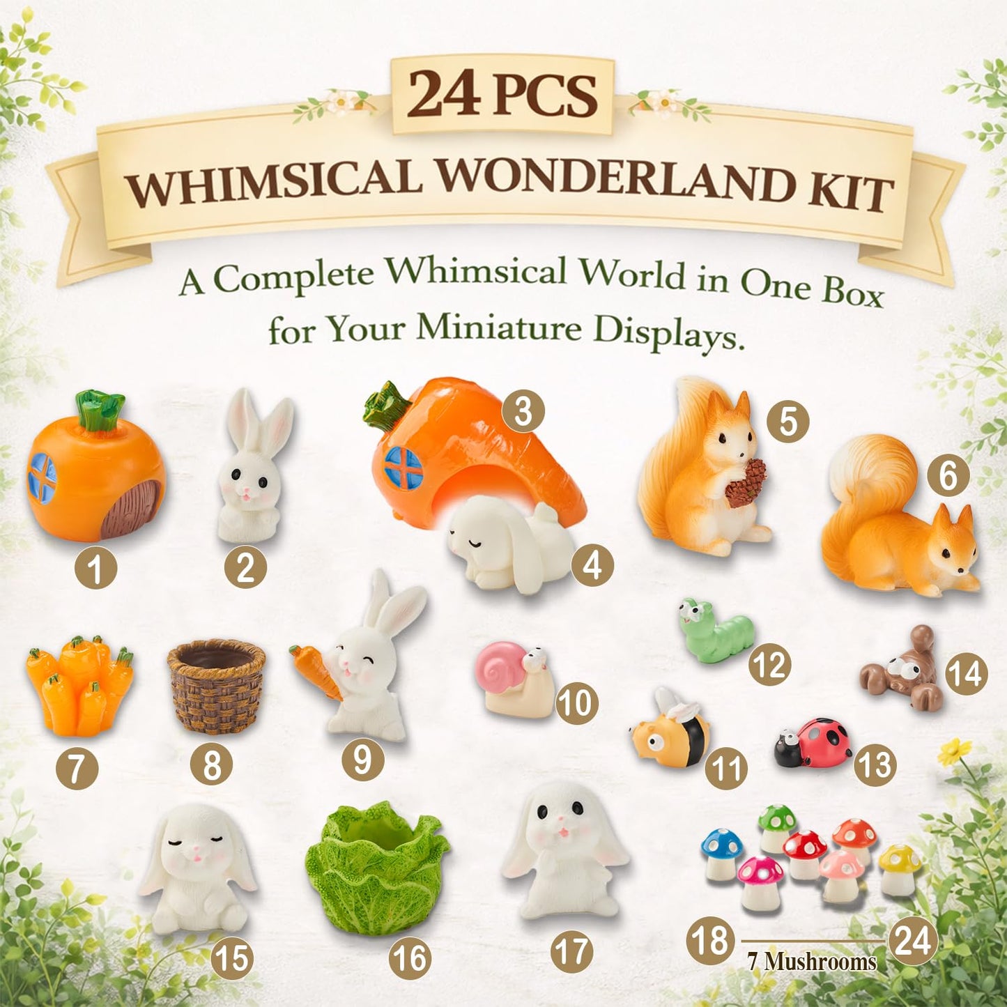 Nashibowu 24Pcs Mini Rabbits Fairy Garden Accessories DIY Kit, Miniature Garden Set with Mini Resin Animals, Tiny Bunnies, Squirrels, Mushroom Figurines, for Terrarium Micro-Landscaping Decorations