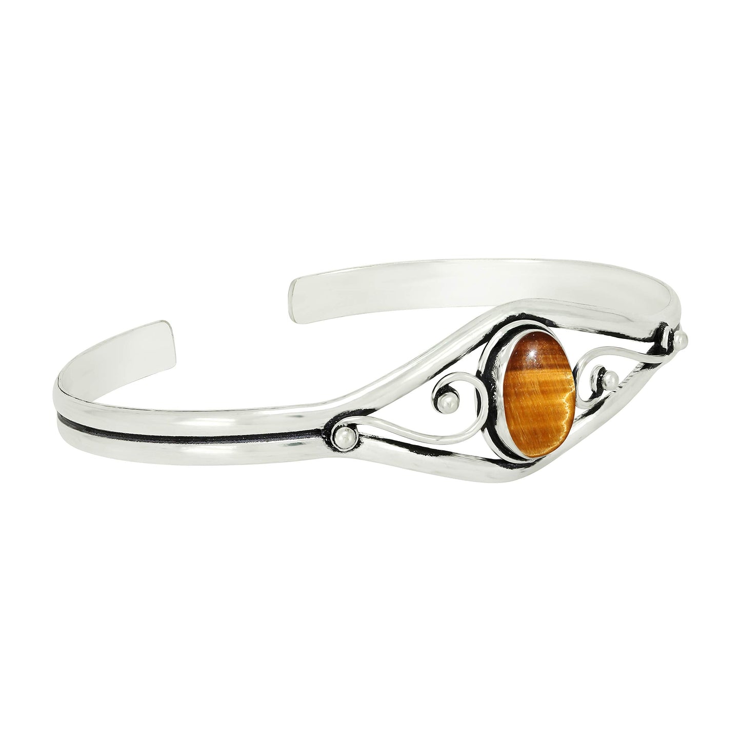 925 Silver Plated Natural Tiger Eye Cuff Bangle Bracelet for Women – Handmade Open Bangle – Brown Gemstone June Birthstone Statement Jewelry – Gift for Her