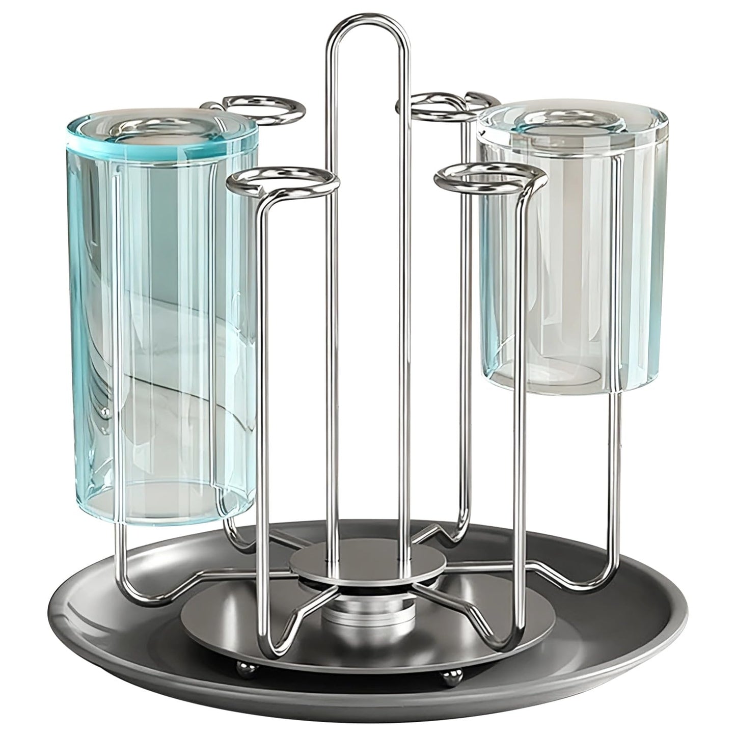 Toyosport Stainless Steel 4 Cups Mug Drying Rack, Rotating Bottle Drying Holder, Countertop Cup Drying Rack with Drain Tray, Space Saving