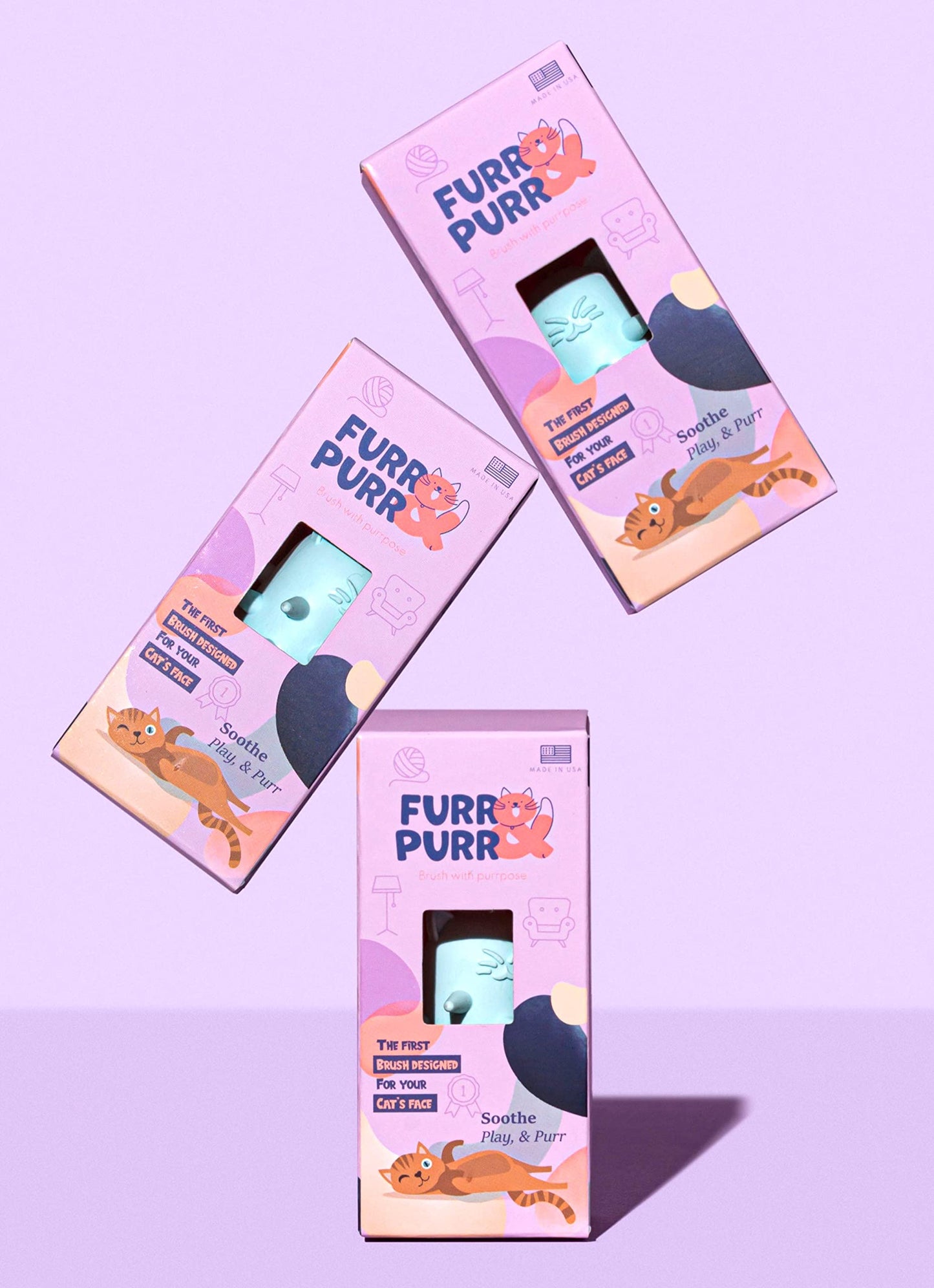 Furr&Purr Cat Brush Set for Indoor Cats - Grooming Tools: Face Scratcher, Calming Massager, and Scratching Pad (2-Pack, Made in the USA)