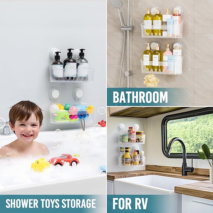 TAILI Shower Caddy Suction Cup, Heavy Duty Bathroom Organizer, Removable Shelves for Inside Shower, Shampoo, Waterproof Suction Plastic Storage for Bathroom Accessories Holder, Frosted Clear
