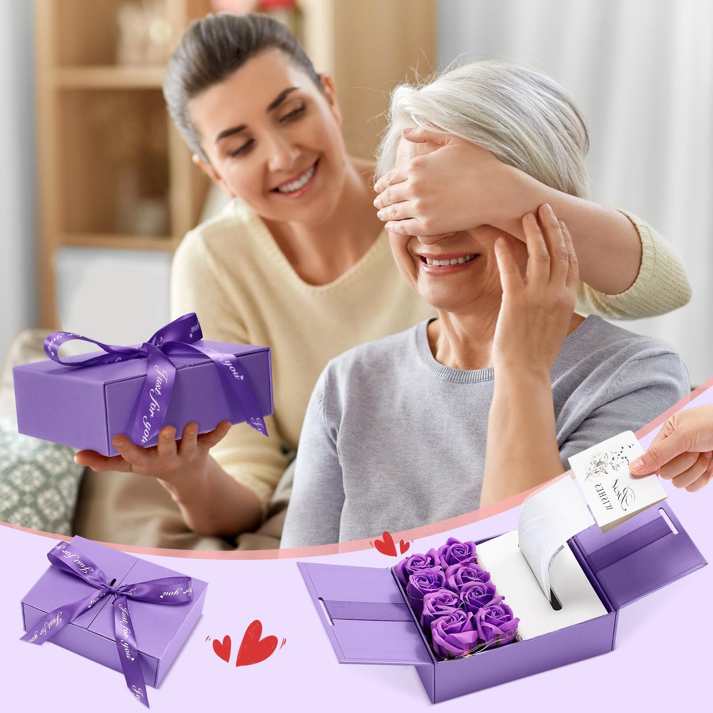 Resholder Money Pull Box for Cash Gift Mother's Day Money Pull out Gifts with 8 Rose 2 Greeting Card 1 Light String for Mom Husband Wife Birthday Anniversary Christmas(Purple)