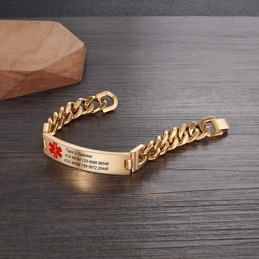 Giftider Custom Medical Alert Bracelet Engraved Emergency ID Stainless Steel Bracelets for Adults Men Women 7.5-8.5-9.8 Inch