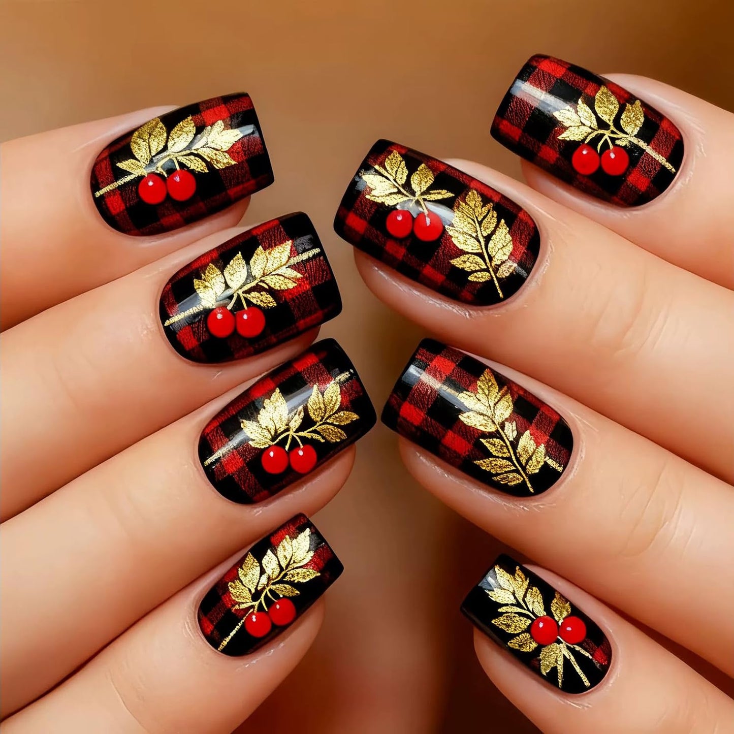 Vopintpy Gold Glitter Leaf Press on Nails Medium Square Fake Nails with Design Glossy Acrylic Glue on Nail Reusable Full Cover Artificial Stick on Nail for Women DIY Manicure