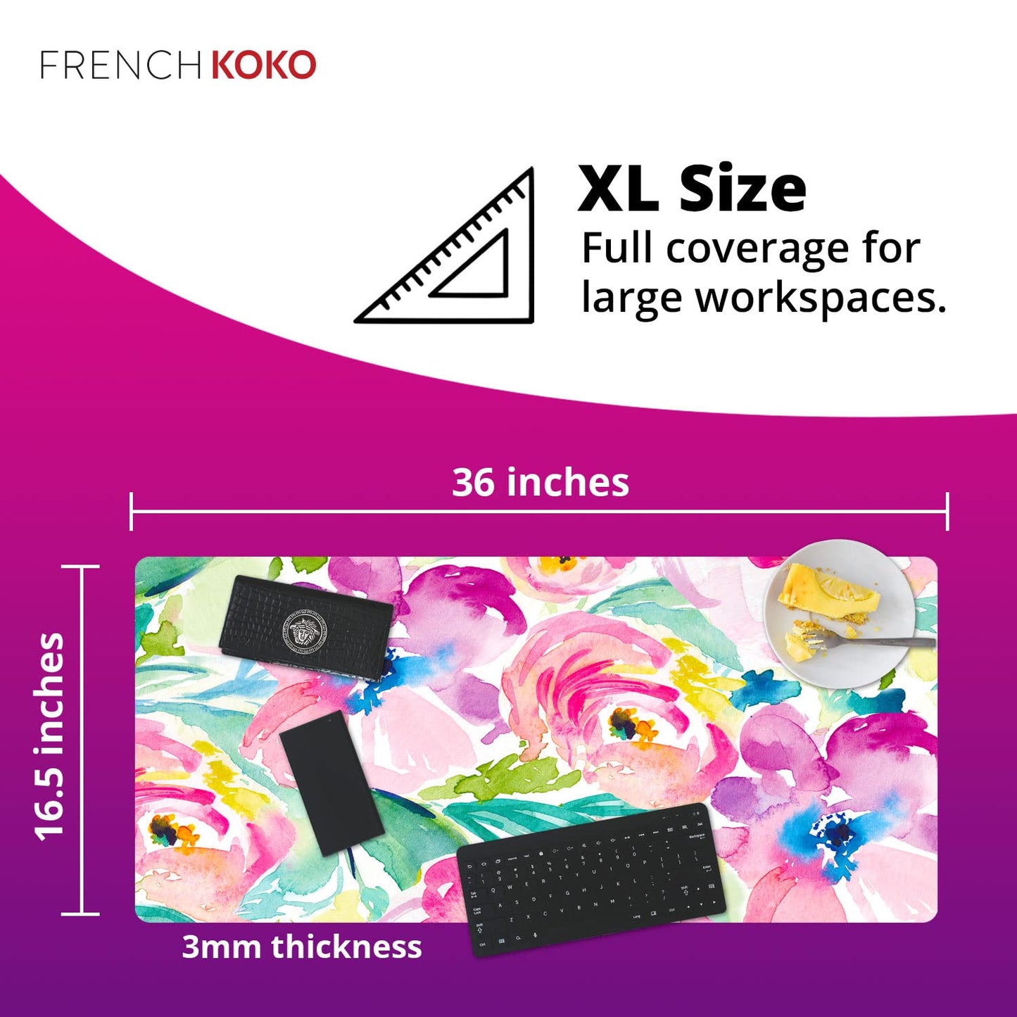 French KOKO Large Mouse Pad Desk Mat Desk Pad Keyboard School Essentials Office Decor Big Extended Laptop Protector Computer Accessories Pretty Mousepad Women Girls Pink Flowers XL Gift