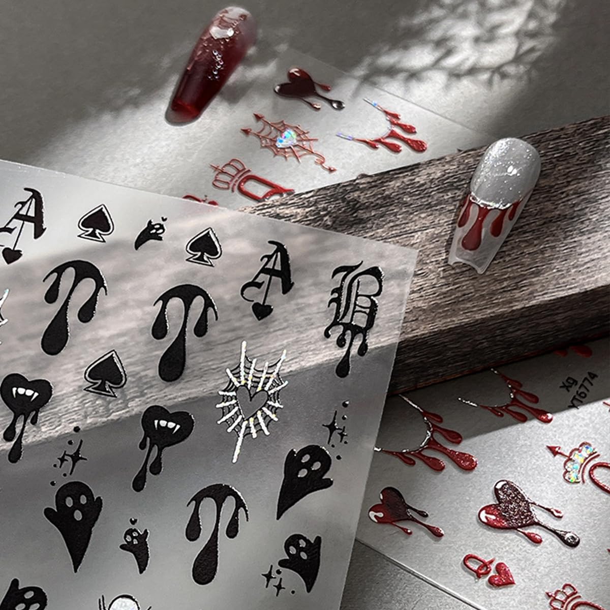 3 Sheets Halloween Nail Stickers Decals Gothic Ghost Nail Art Stickers Self-Adhesive Retro Dark Wind Flame Blood Nails Design Stickers 3D Goth Spider Web Nails Supplies for Women Nail Decorations