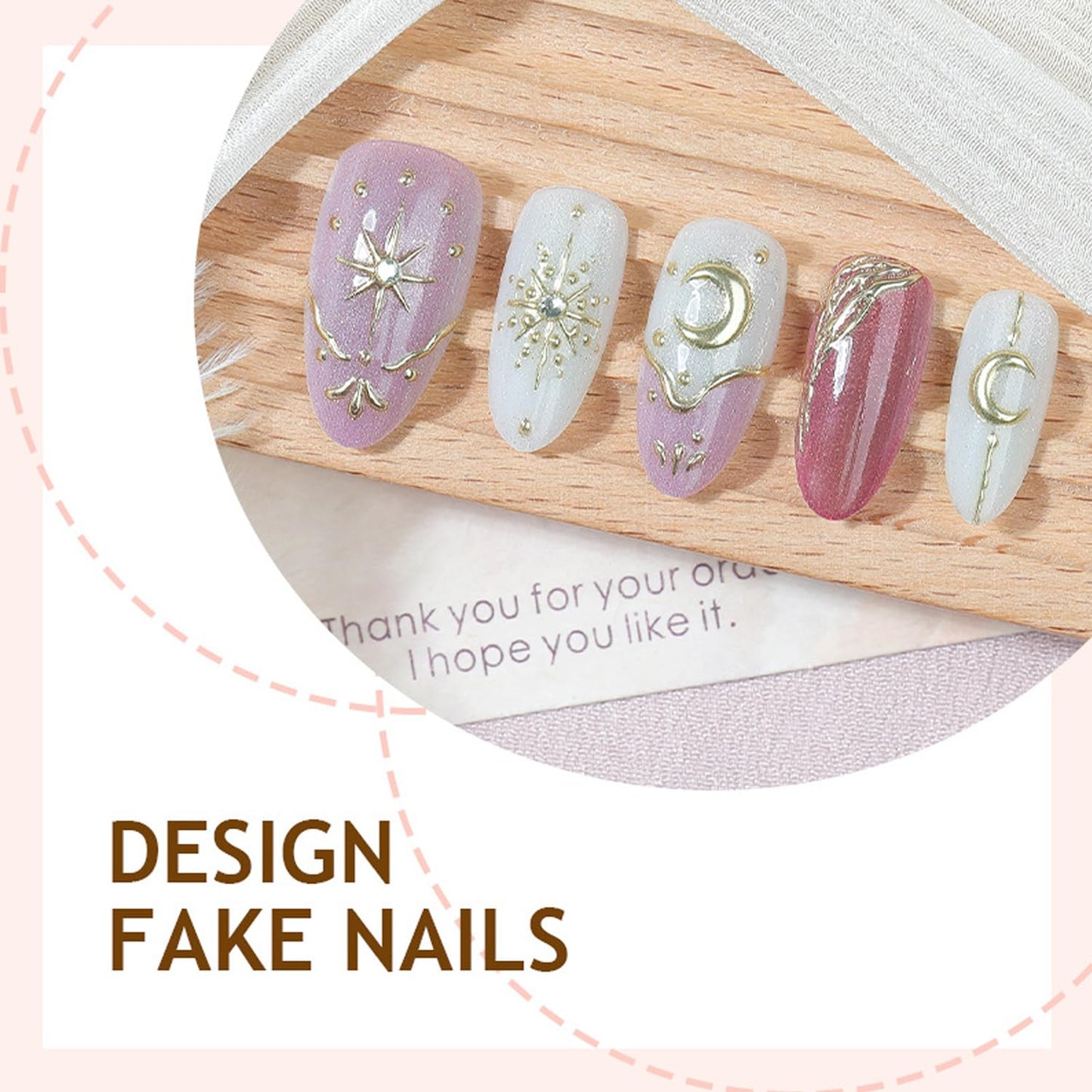 30Pcs Gold Star Moon Press on Nails Medium Length Almond Fake Nails Press on 3D Rhinestone Design Gilded Line French False Nails Glitter Full Cover Chrome Gold Glossy Artificial Glue on Nail for Women