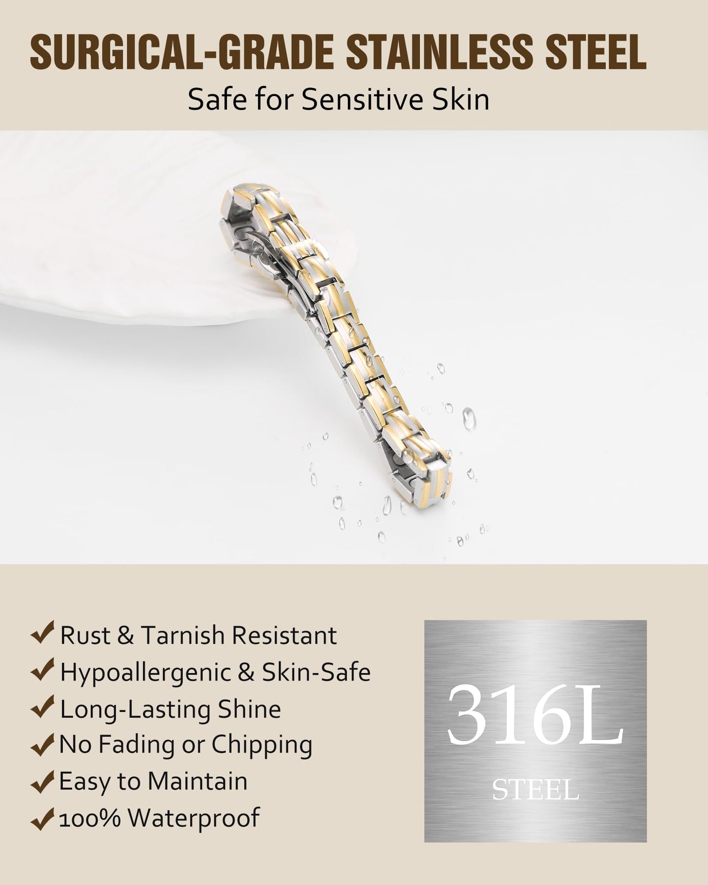 Jecanori 5X Strength Magnetic Bracelets for Women —Updated 5,000 Gauss Ellipse Magnets — Premium Butterfly Clasp & Adjustable Length,Silver,Golden