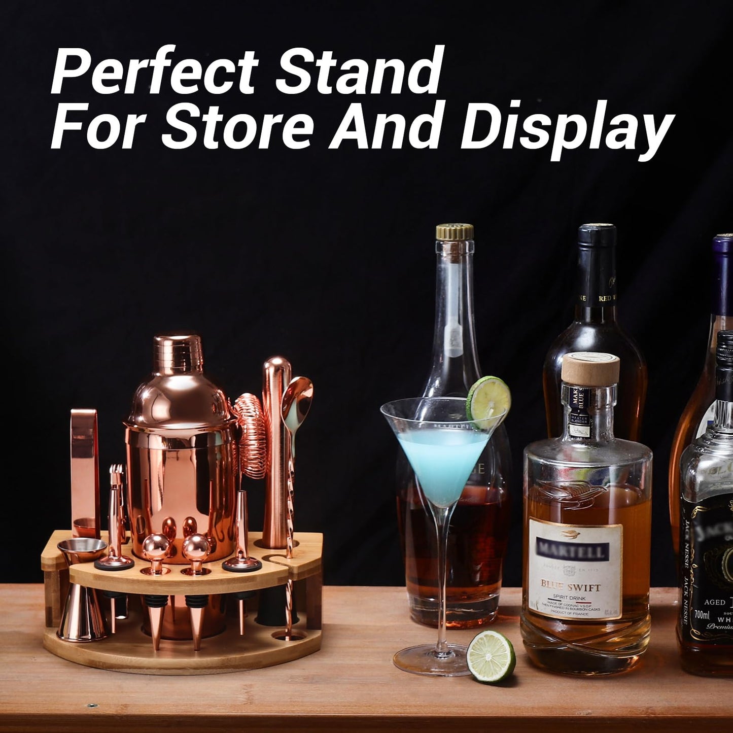 Cocktail Shaker Set Bartender Kit with Stand, 12 Piece Bar Set Drink Mixer Set with Stainless Steel Bar Accessories Tools: 25oz Martini Shaker Jigger Strainer Spoon Muddler for Cocktails (Rose Gold)