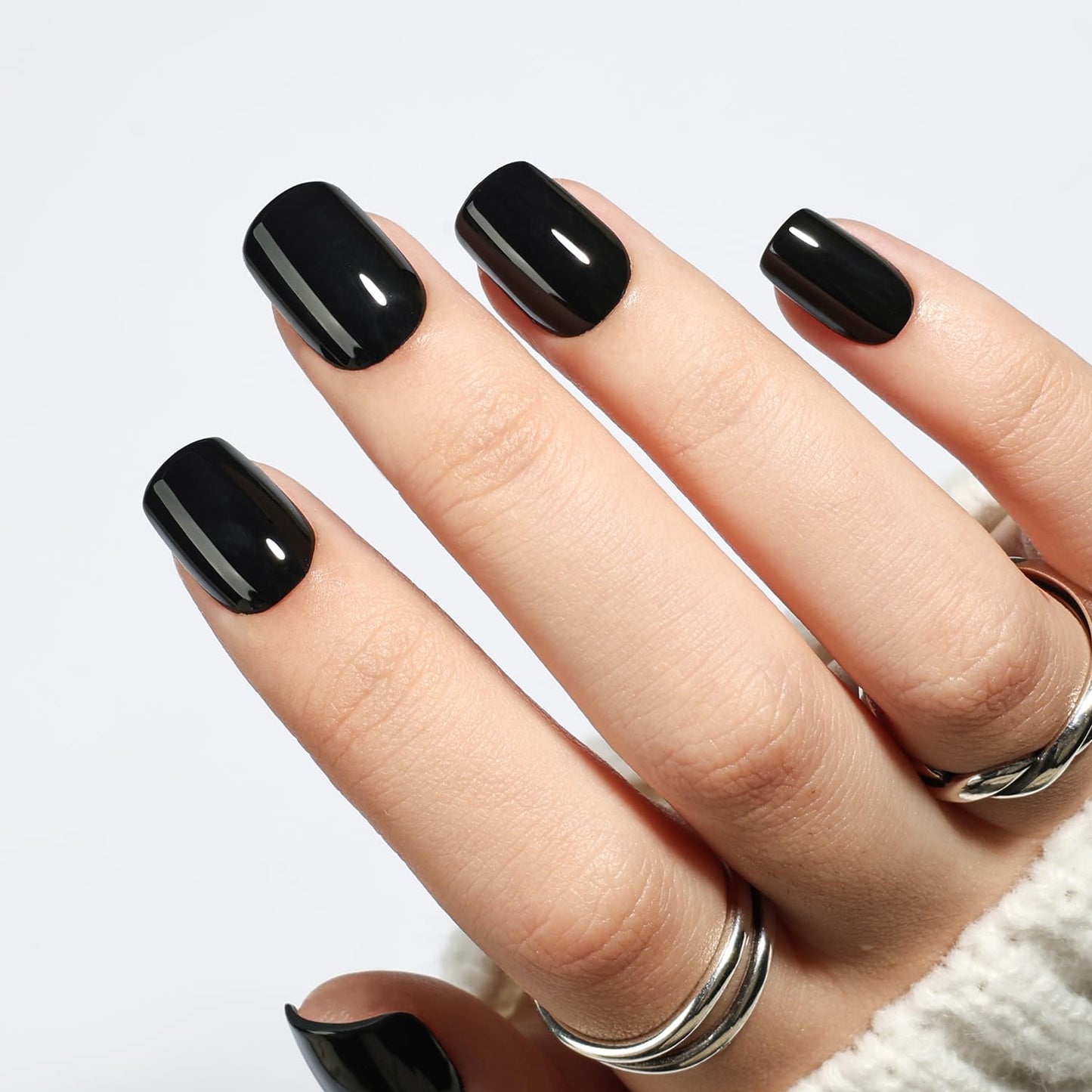 Black Press On Nails Square - Goth Short Square Fake Nails, Gothic Press On Nails Reusable Stick On Nails in 15 Sizes 30pcs False Nail Kit for Women & Girls (Pure Black)