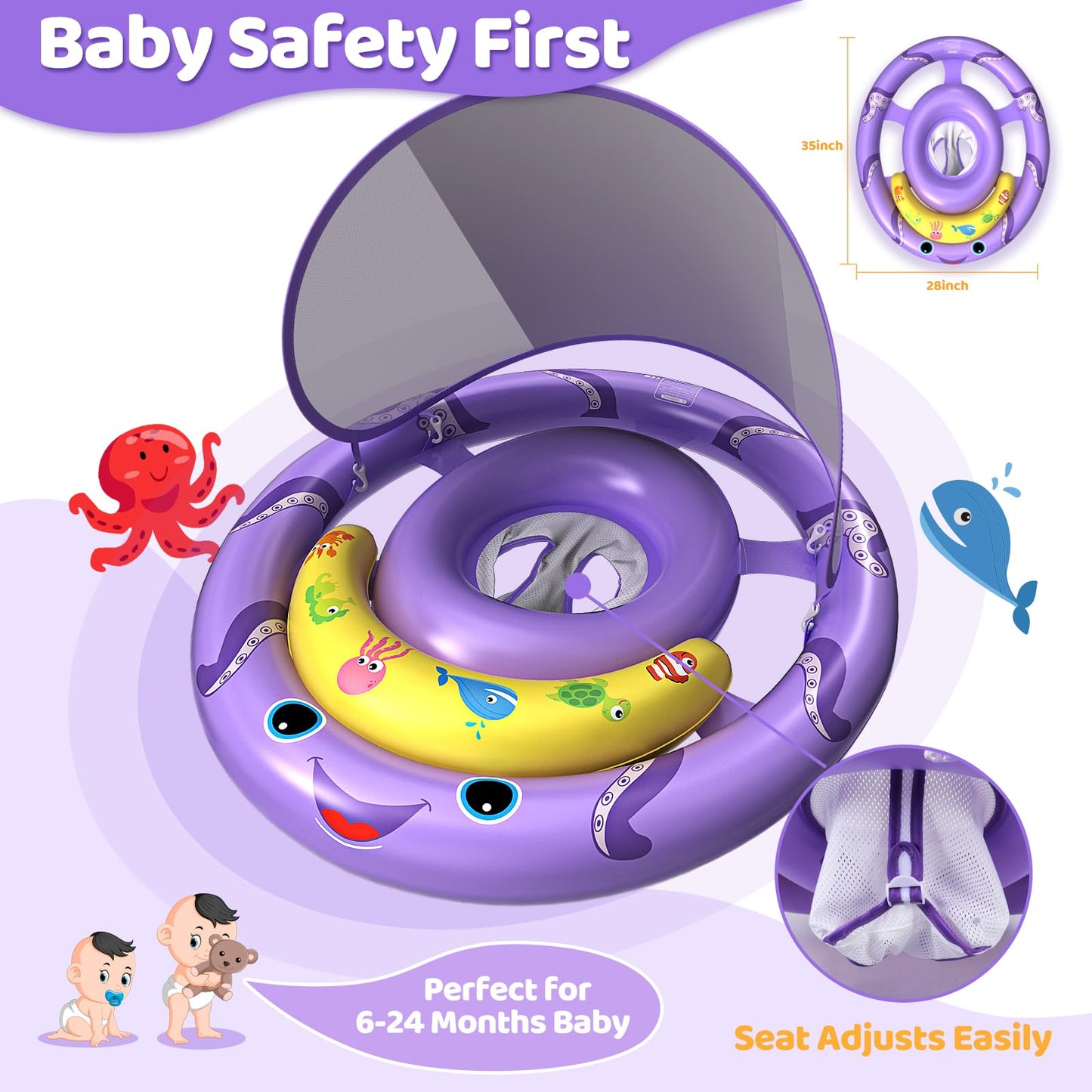 AnbQuik Baby Pool Float with Removable UPF50+ Sun Protection Canopy, Octopus Baby Swim Floats for 6-24 Months Infant, Extra Wide Dual Design, Adjustable & Breathable Seat