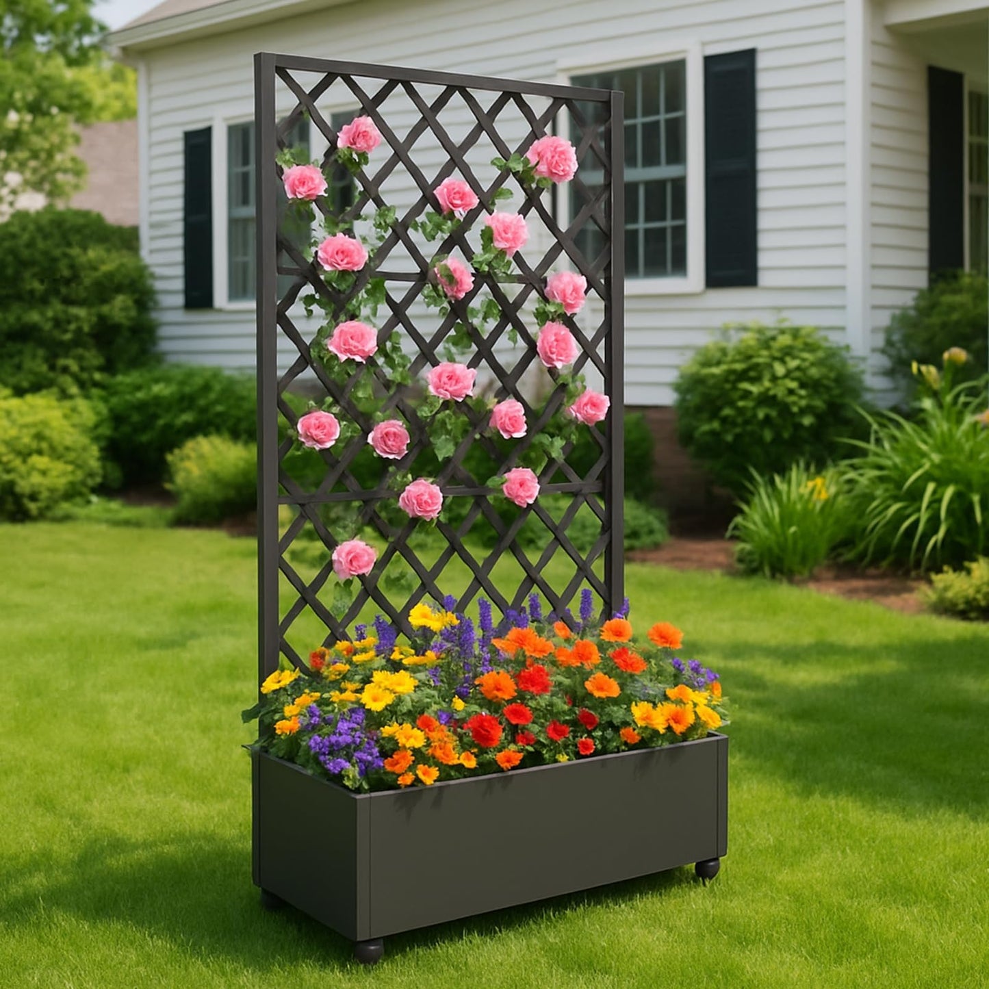 Takywep 72"x35" Black Raised Garden Bed with Diamond Lattice Trellis, Mobile Galvanized Metal Planter Box on Wheels for Climbing Plants, Vines & Flowers