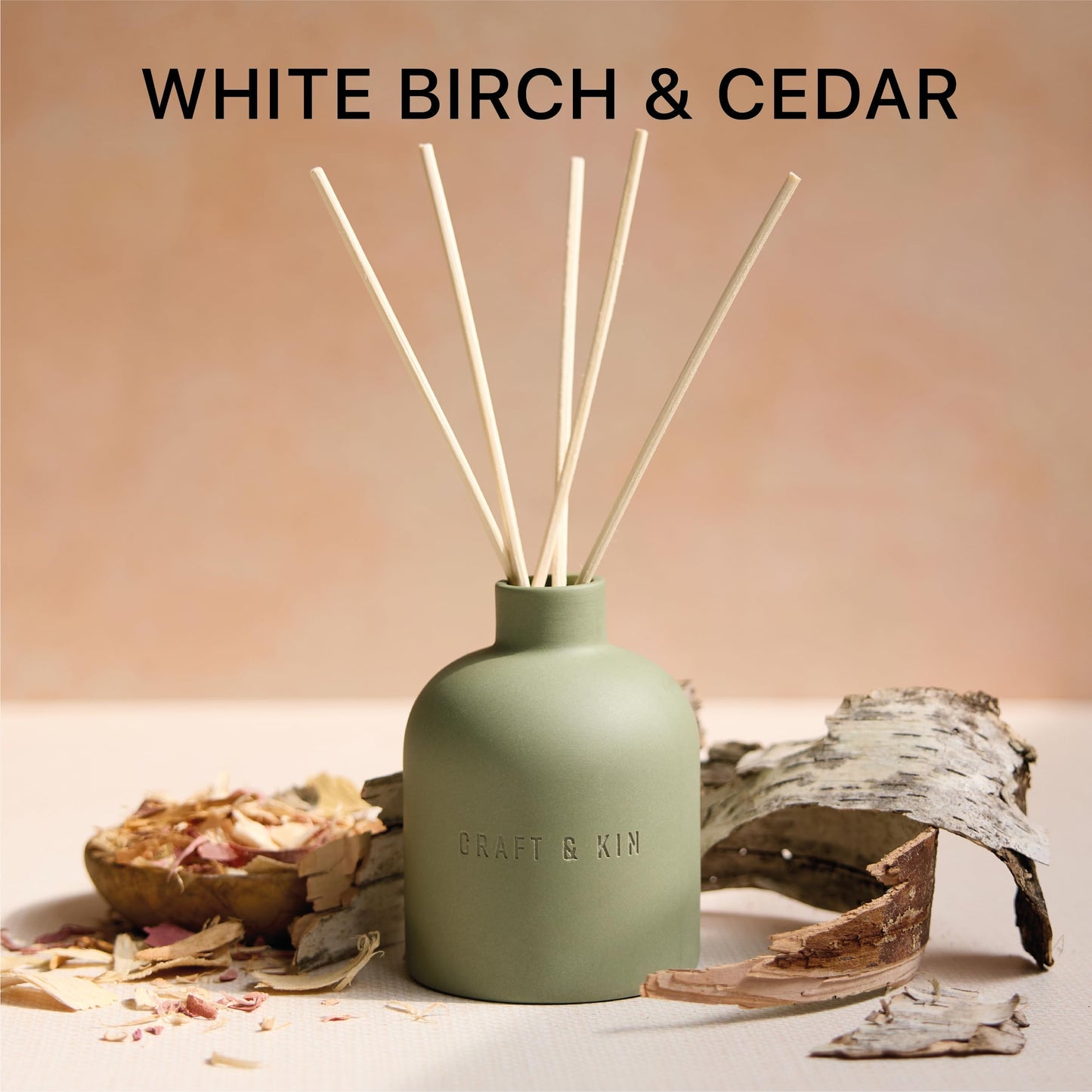 Craft & Kin Reed Diffuser for Home & Bathroom – White Birch & Cedar Holiday Reed Diffuser Set with Fragrance Sticks, Long-Lasting Alcohol-Free Winter Scent, Earthenware Collection, 6.7oz