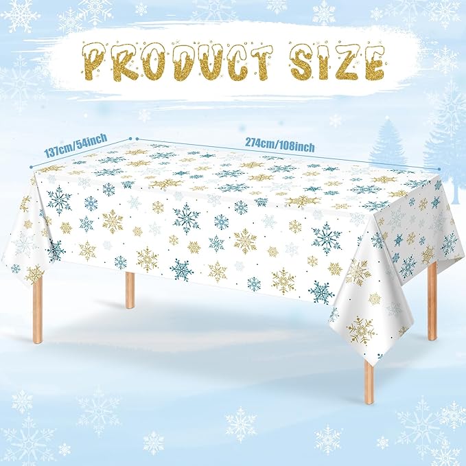 1Pcs Snowflake Plastic Tablecloth Christmas Snowflake Disposable Table Cloth White Blue and Gold Winter Wonderland Table Cover for Winter Holiday Christmas Birthday Party Decorations,54x108 Inch