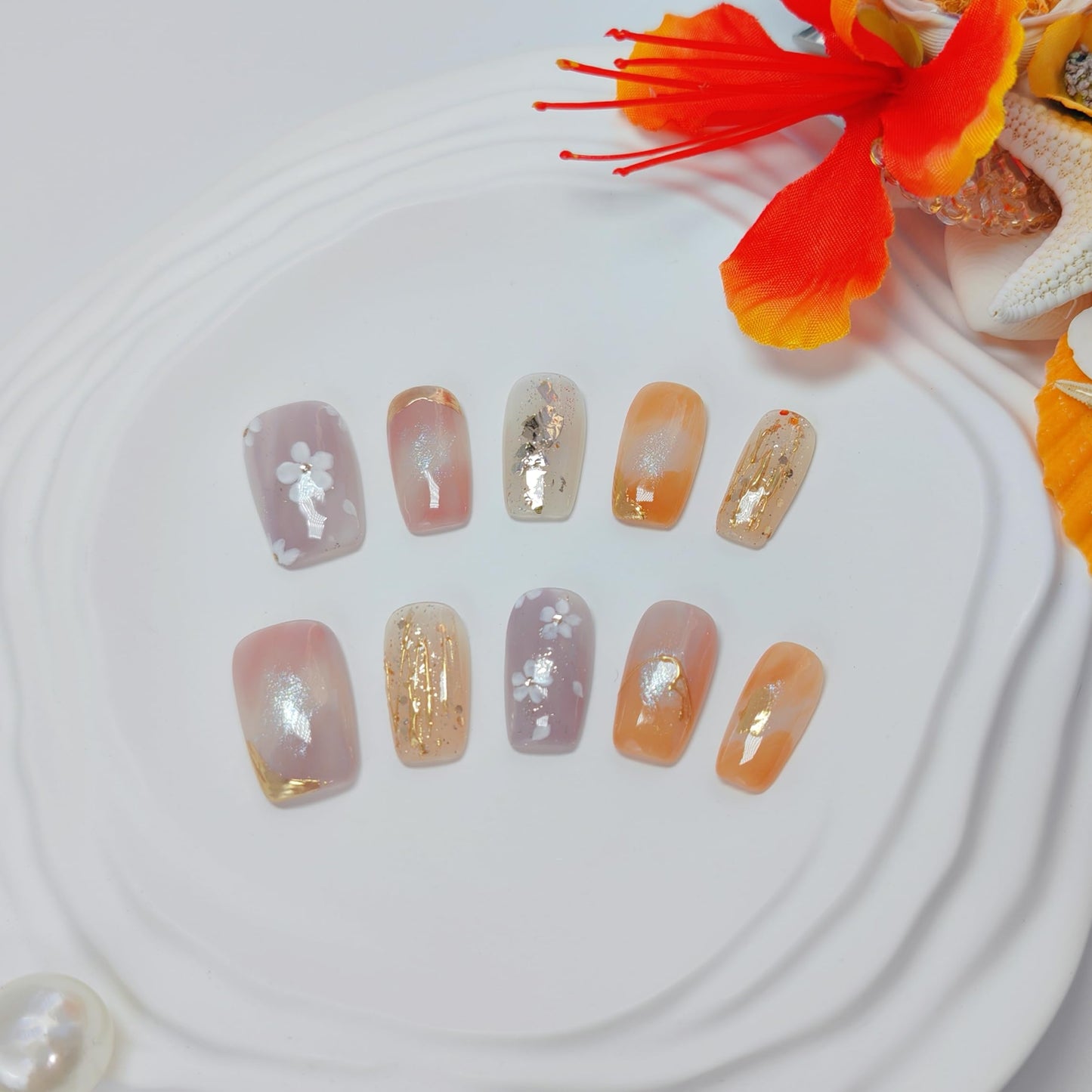 Medium Square Press on Nails Cat Eye Handmade False Nails with Designs, French Tip Short Coffin Reusable Fake Nails (Floral Orange#Small)