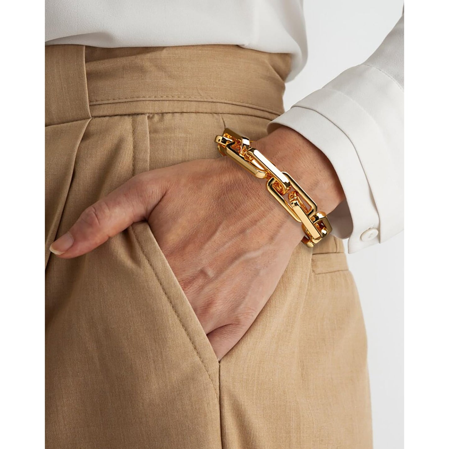 WZJLY Chunky Gold Bracelet for Women Non Tarnish, Trendy Stretch Cuban Link Chain Plated Gold Bangle Bracelets (Paperclip-gold)