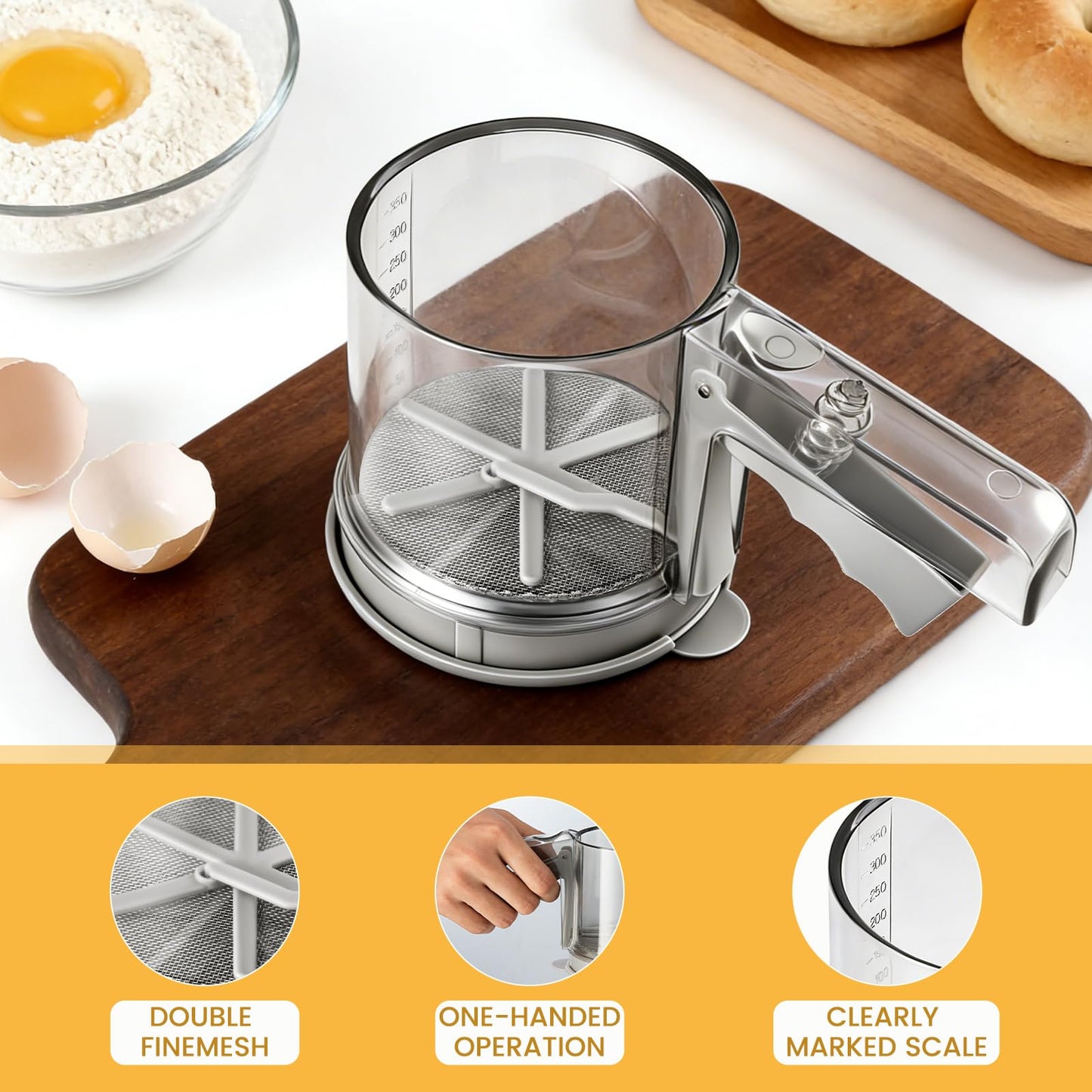Flour Sifter, 3 Cup Flour Sifter, Sifter for Baking Sifter Handheld Baking Sieve Food-Grade Double-Filter, Powdered Sugar Shaker Duster Set for Baking Cakes, Pastries, Pies, Cupcakes and Desserts