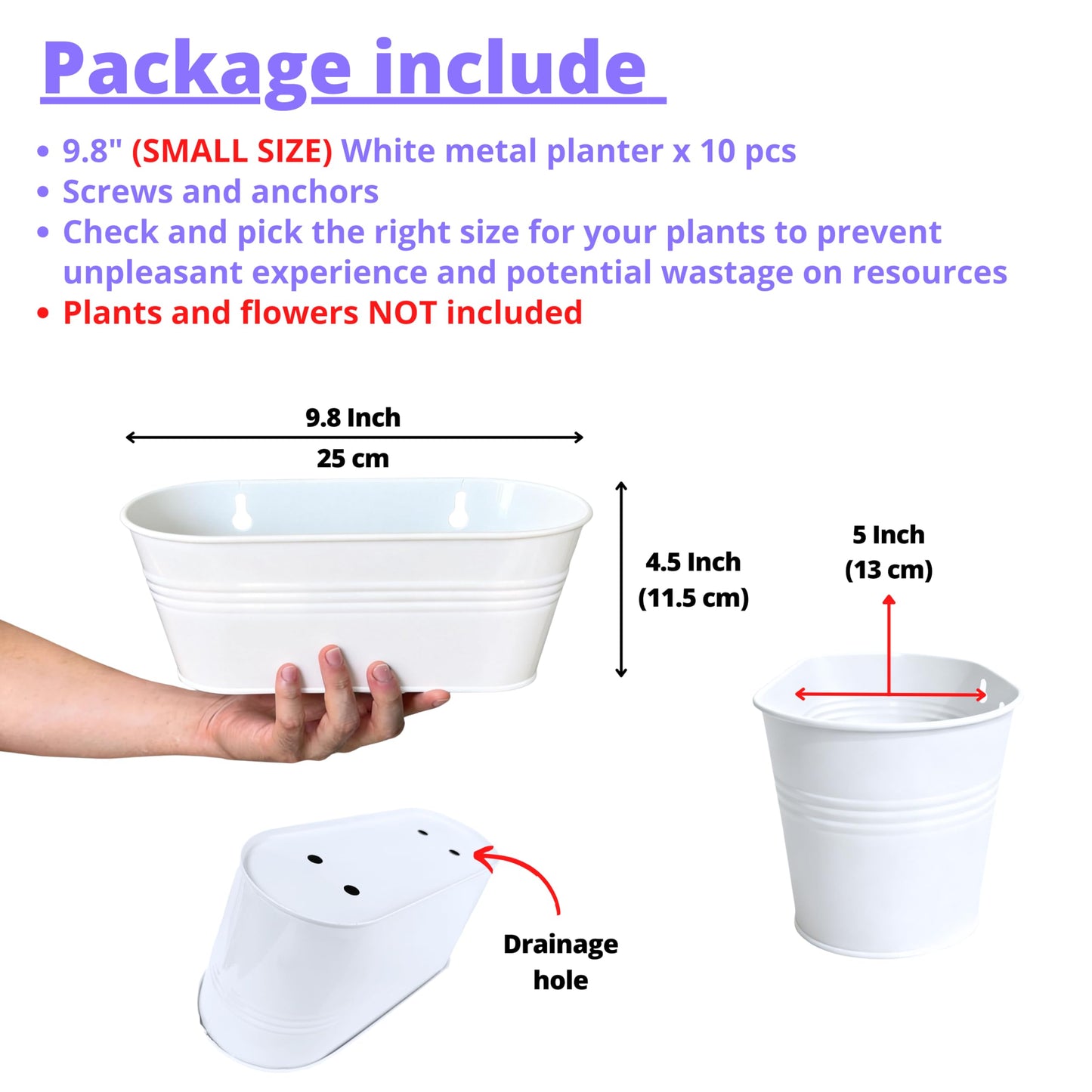 LaLaGreen Wall Planter (9.8 Inch, 10 Pack) White Oval Metal Hanging Decor Plant Holder Wall Planters for Indoor Plants Porch Plants Balcony Decoration Pot Baskets Pots Mounted Indoor Window Planters