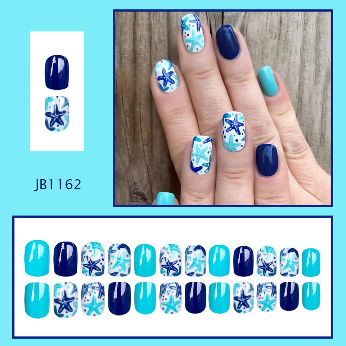 Blue Press on Nails Short Square Fake Nails Summer Nails Press ons with Starfish Design,Beach Full Cover Stick on Nails for Women Manicure,Artificial | Reusable | Easy Apply | 24Pcs
