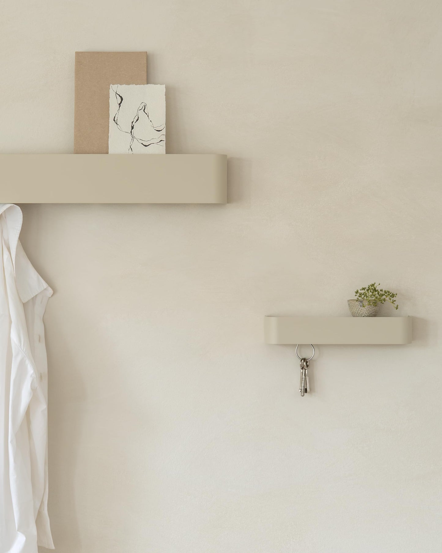 Kazai. Coat Rack Wall Mount with Shelf 'Tone' | Modern Design Coat Hanger with Hidden Hooks and Storage | Hat Rack with Shelf in Metal | Wall-Mounted Purse Organizer | Taupe