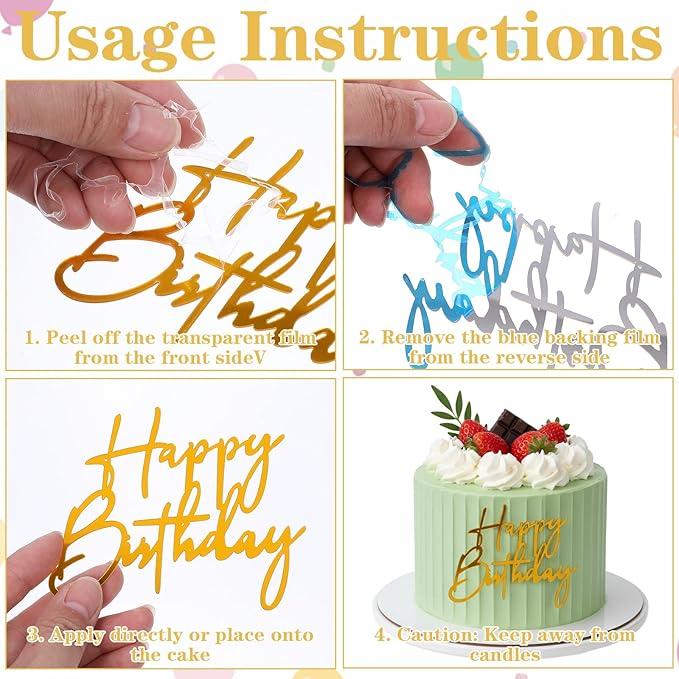 Gold Happy Birthday Acrylic Cake Toppers, 6 Styles