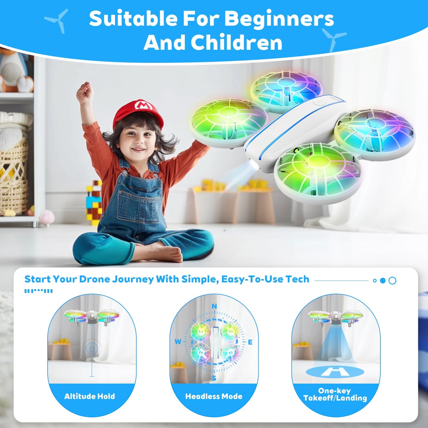 FORESTDREAM Kids Mini Drone Toy with Lights, Easy Fly RC Quadcopter for Beginners, 3D Flips, Altitude Hold, Headless Mode, Safe Propeller Guard, Gift for Boys and Girls (White)