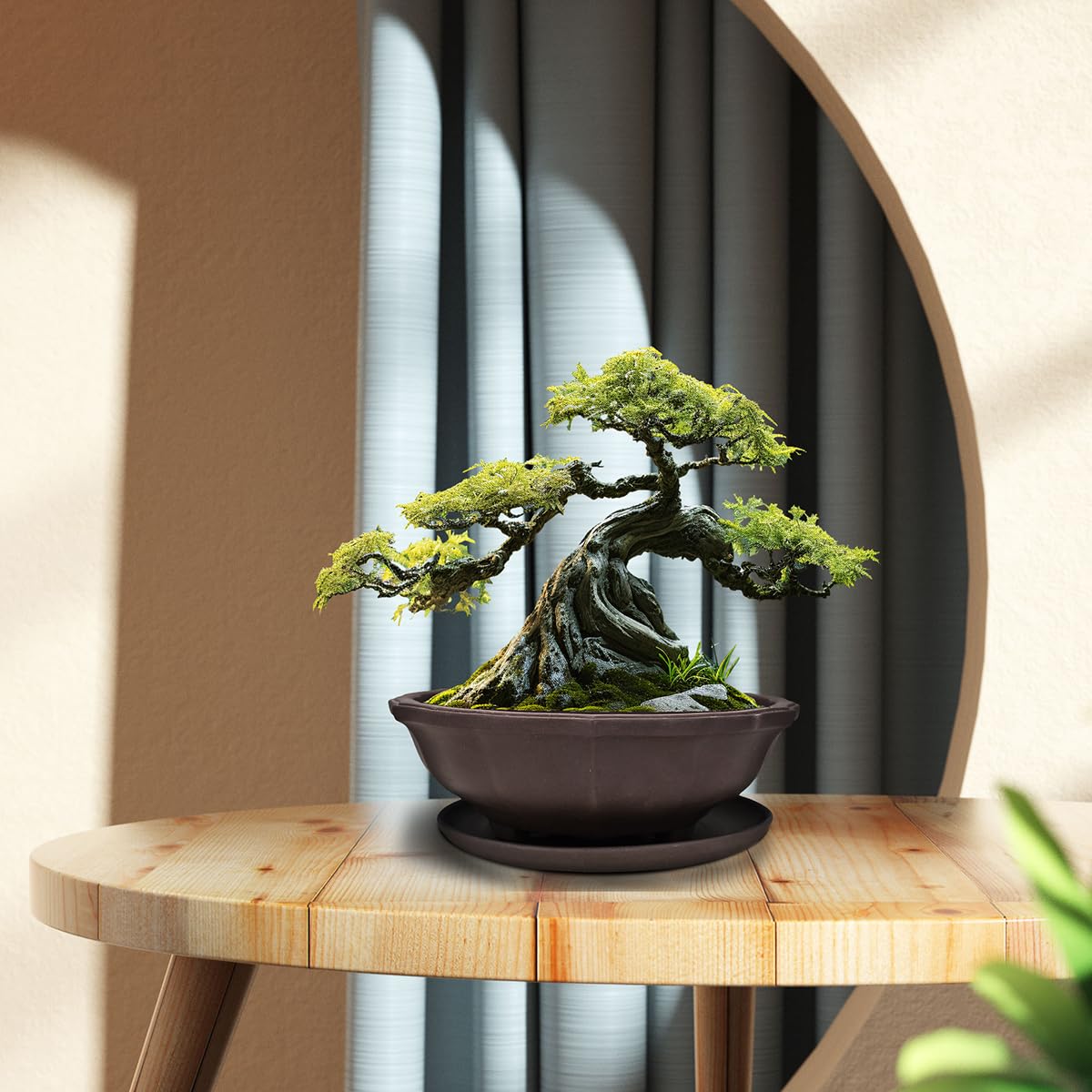 MUZHI 6.8 inch Unglazed Flower Shape Ceramic Bonsai Pot Bowl with Saucer,Classic Retro Zisha Pottery Planter Round for Tree Cactus Succulent Arrangement