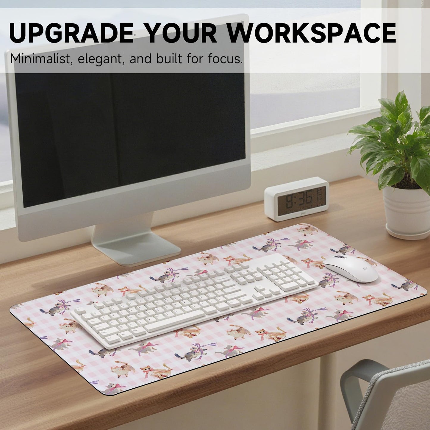 AUPET PU Leather Desk Pad Protector Blotter, Animal 35 x 17in Large Mouse Pad,Cute Office Desk Mat,Waterproof Non-Slip Desk Writing Drawing Pad for Office Home Game (Cats with Bow tie)
