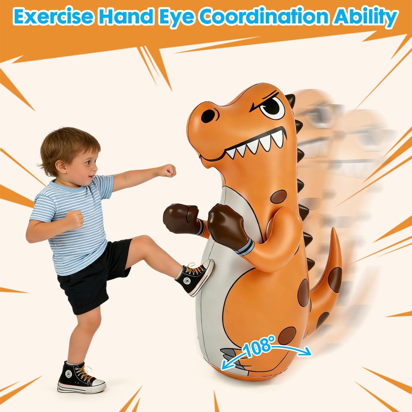 Inflatable Dinosaur Punching Bag for Kids, 47" Toddler Blow up Punching Bag for Ages 3-14, Children Bop Bag Toys & Gifts with Bounce-Back Action