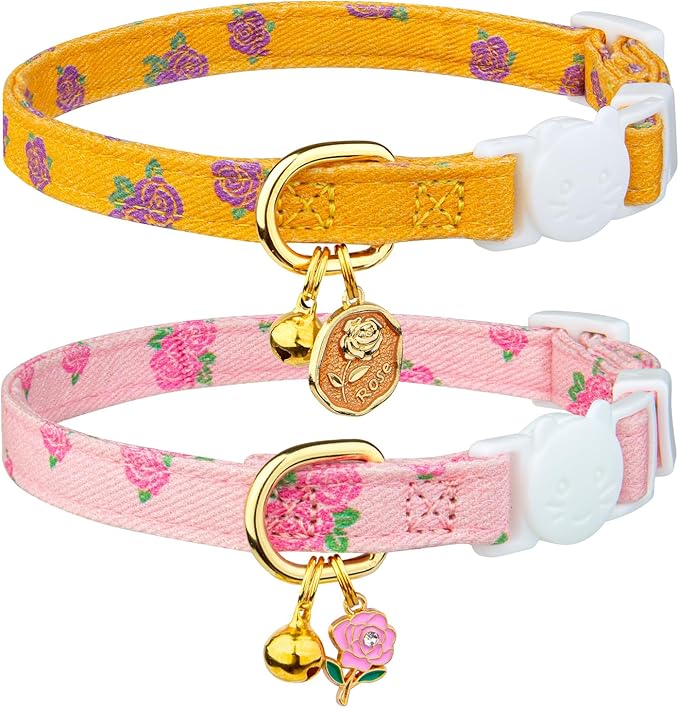 2 Pack Cotton Cat Collar Beige and Green Flowers Cute Kitten Cat Collar