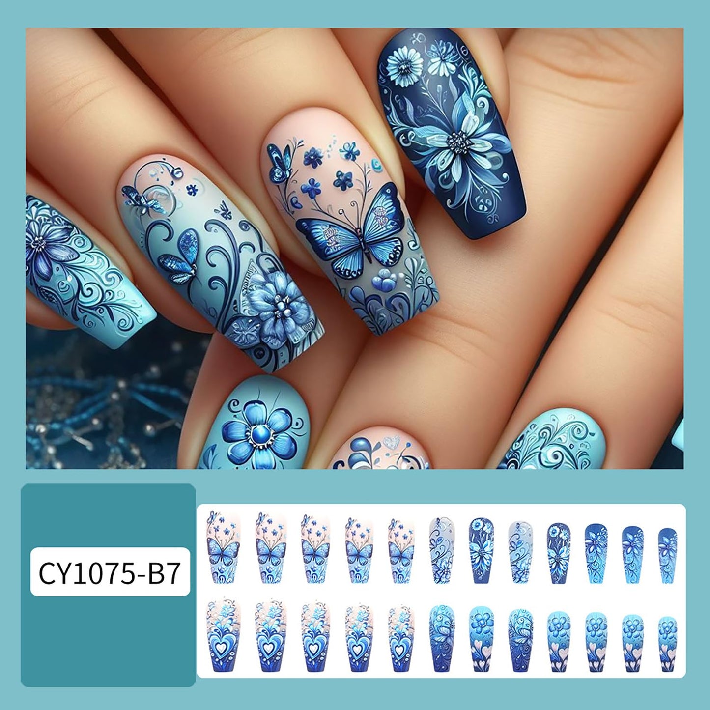 EYZOTSF Press on Nails Medium Square Shaped Acrylic Medium Square Shaped False Nails with Designs Artificial Short Coffin Fake Nails with Charms Glue ons Fingernails for Women Girls(CY1075)